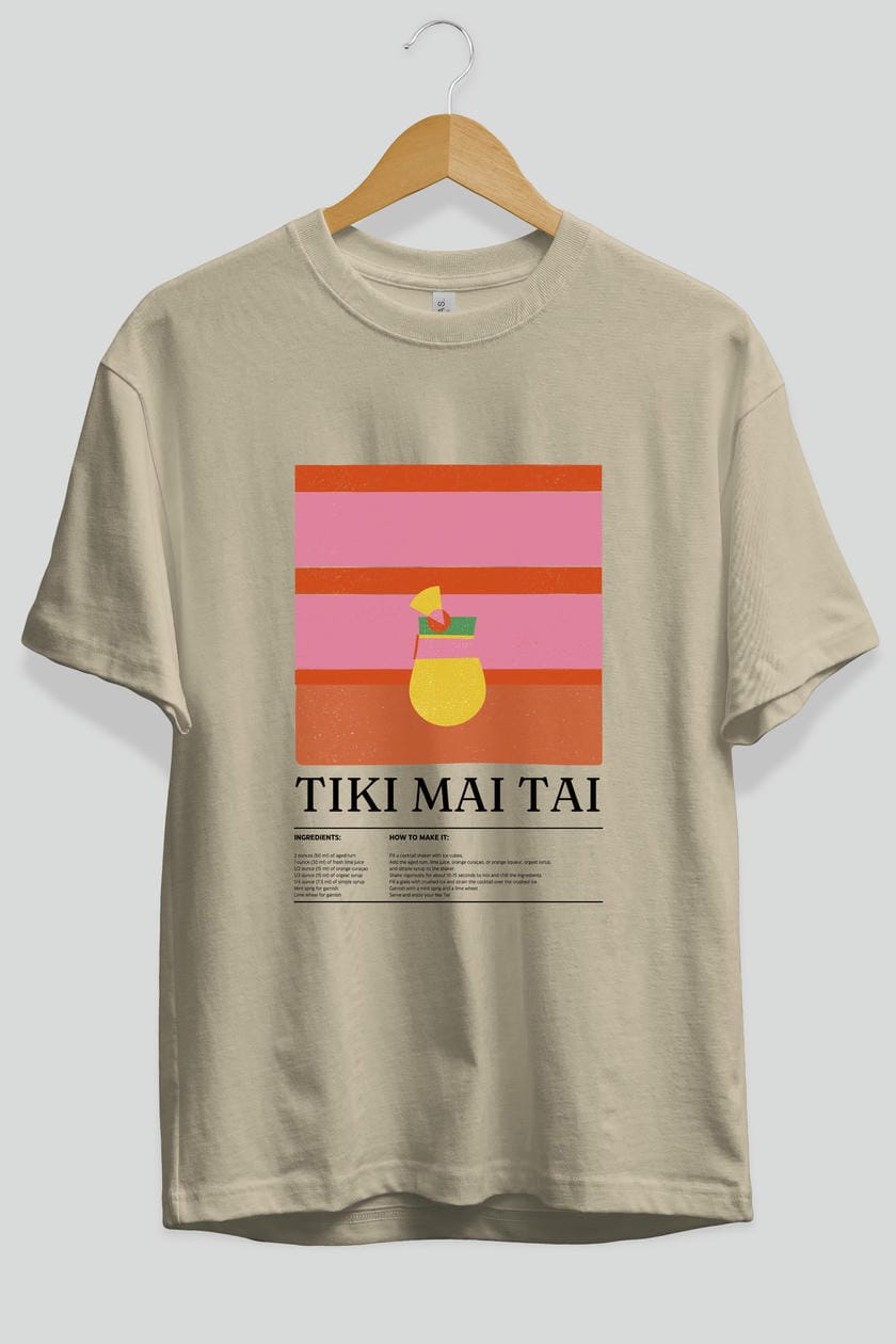Tiki Mai Tai Kokteyl Ön Baskılı Oversize t-shirt Erkek Kadın %100 Pamuk Bisiklet Yaka tişort