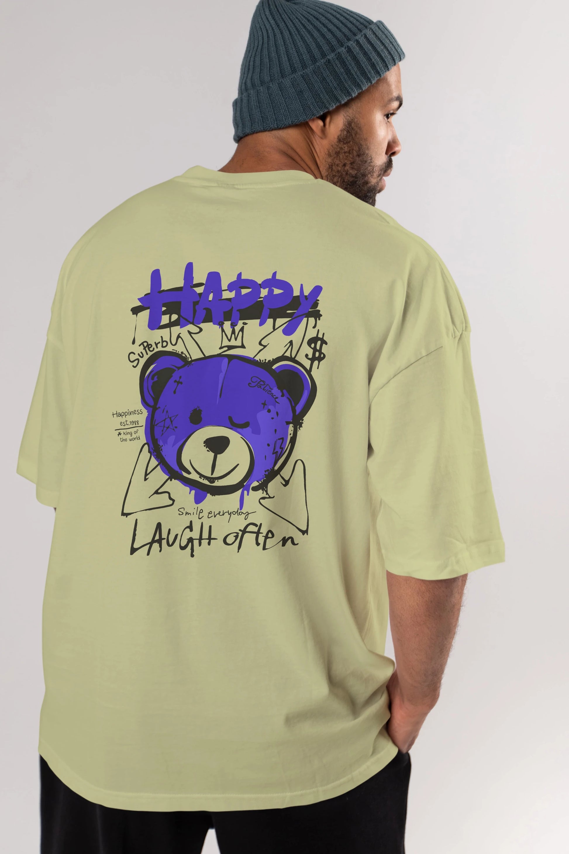 Happy Bear Arka Baskılı Oversize t-shirt Erkek Kadın Unisex