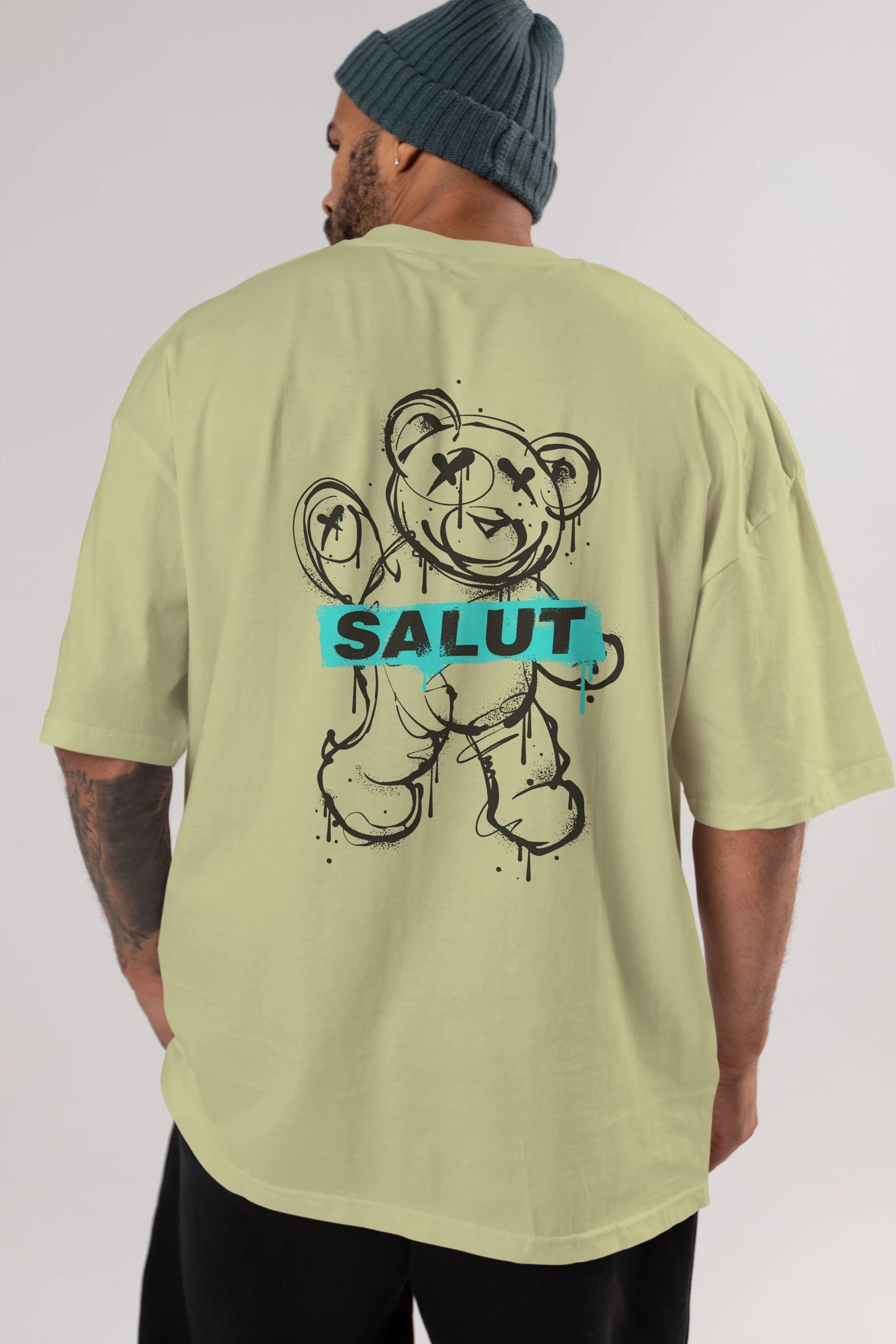 Teddy Bear Salut Arka Baskılı Oversize t-shirt Erkek Kadın Unisex
