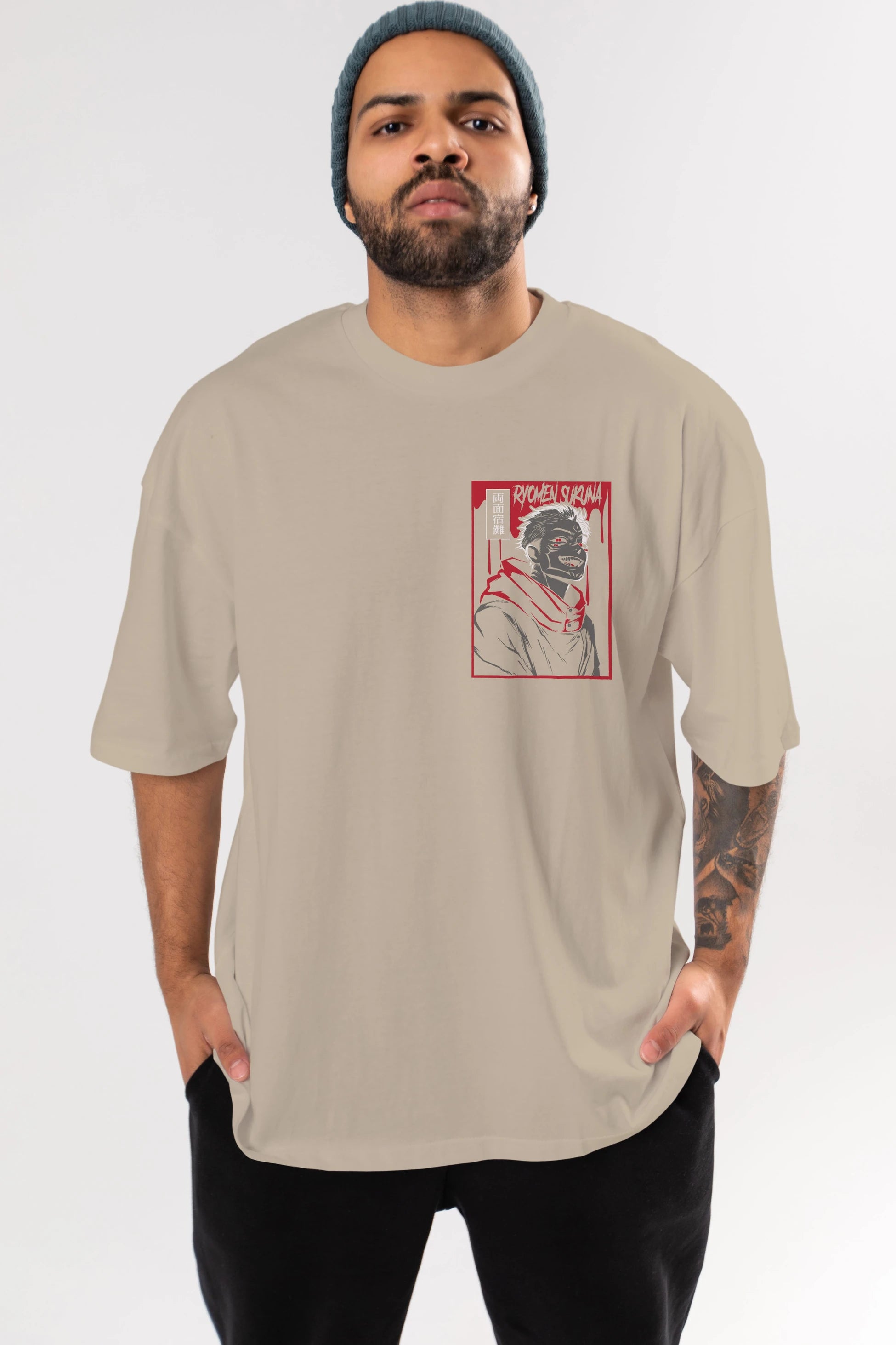 SUKUNA Ön Sol Baskılı Oversize t-shirt Erkek Kadın Unisex %100 Pamuk Bisiklet Yaka tişort