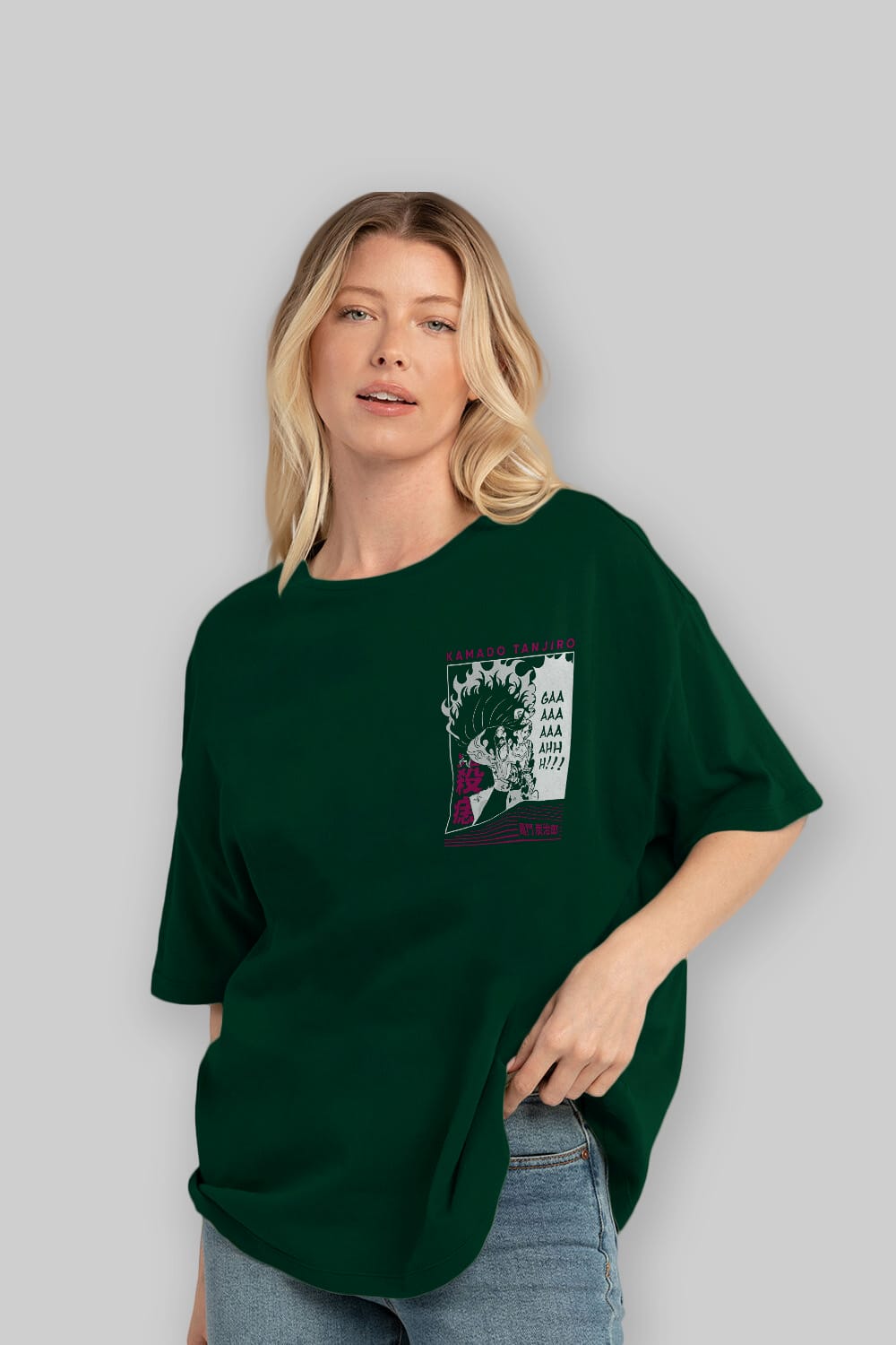 TANJIRO KAMADO 3 Ön Sol Baskılı Oversize t-shirt Erkek Kadın Unisex %100 Pamuk Bisiklet Yaka tişort