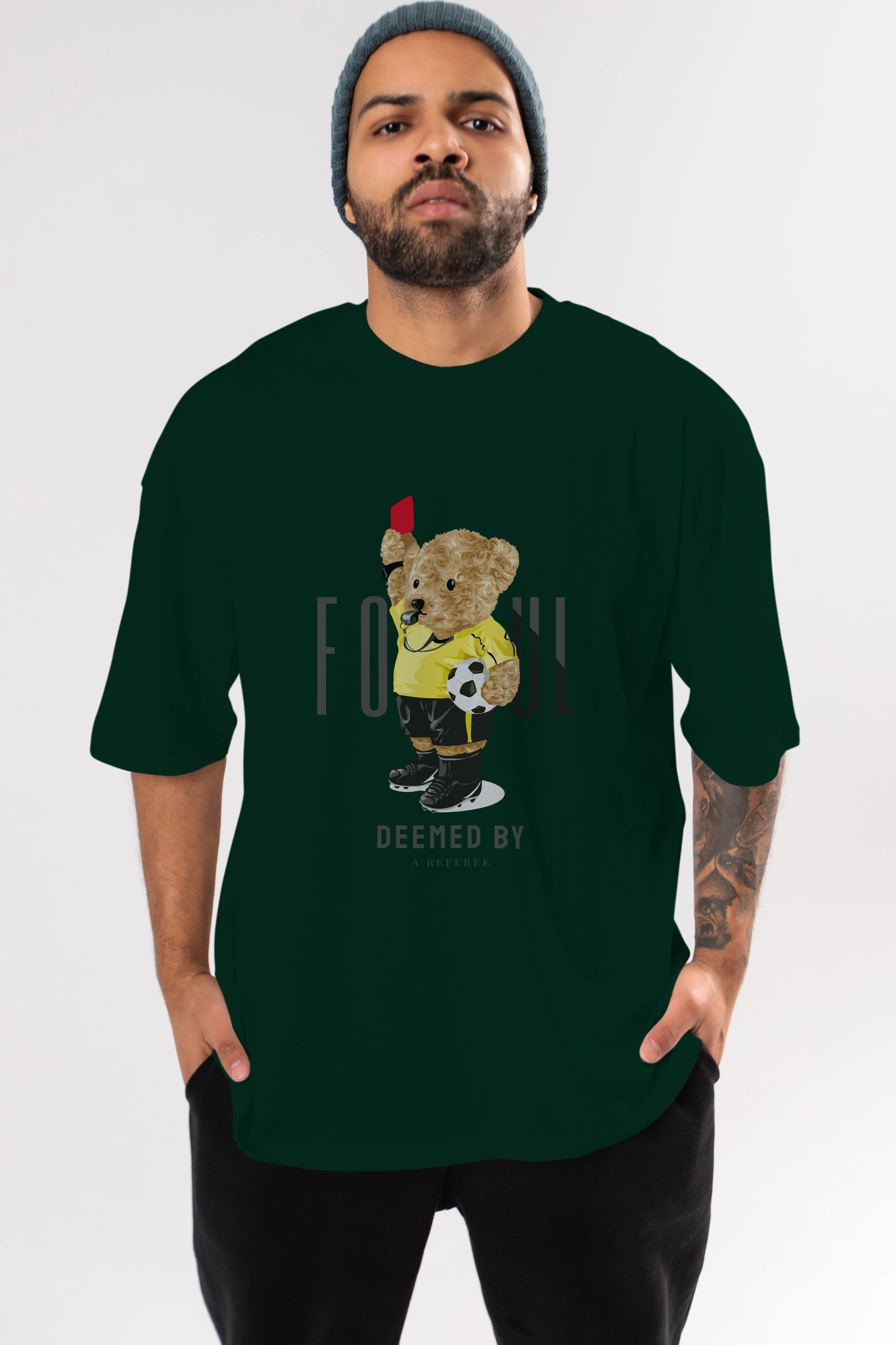 Teddy Bear Kırmızı Kart Ön Baskılı Oversize t-shirt Erkek Kadın Unisex %100 Pamuk
