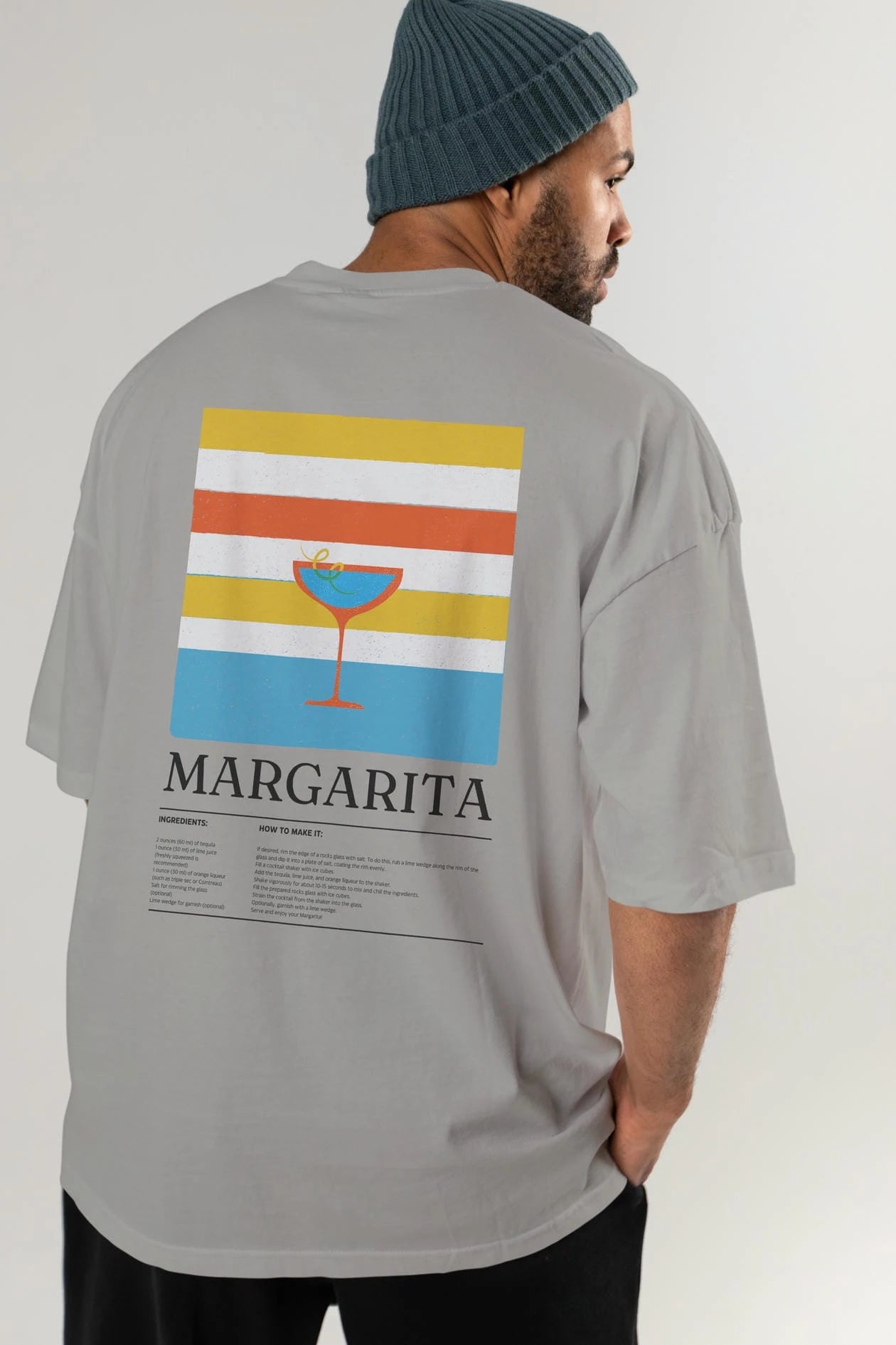 Margarita Kokteyl Serisi Arka Baskılı Oversize t-shirt Erkek Kadın %100 Pamuk Bisiklet Yaka tişort