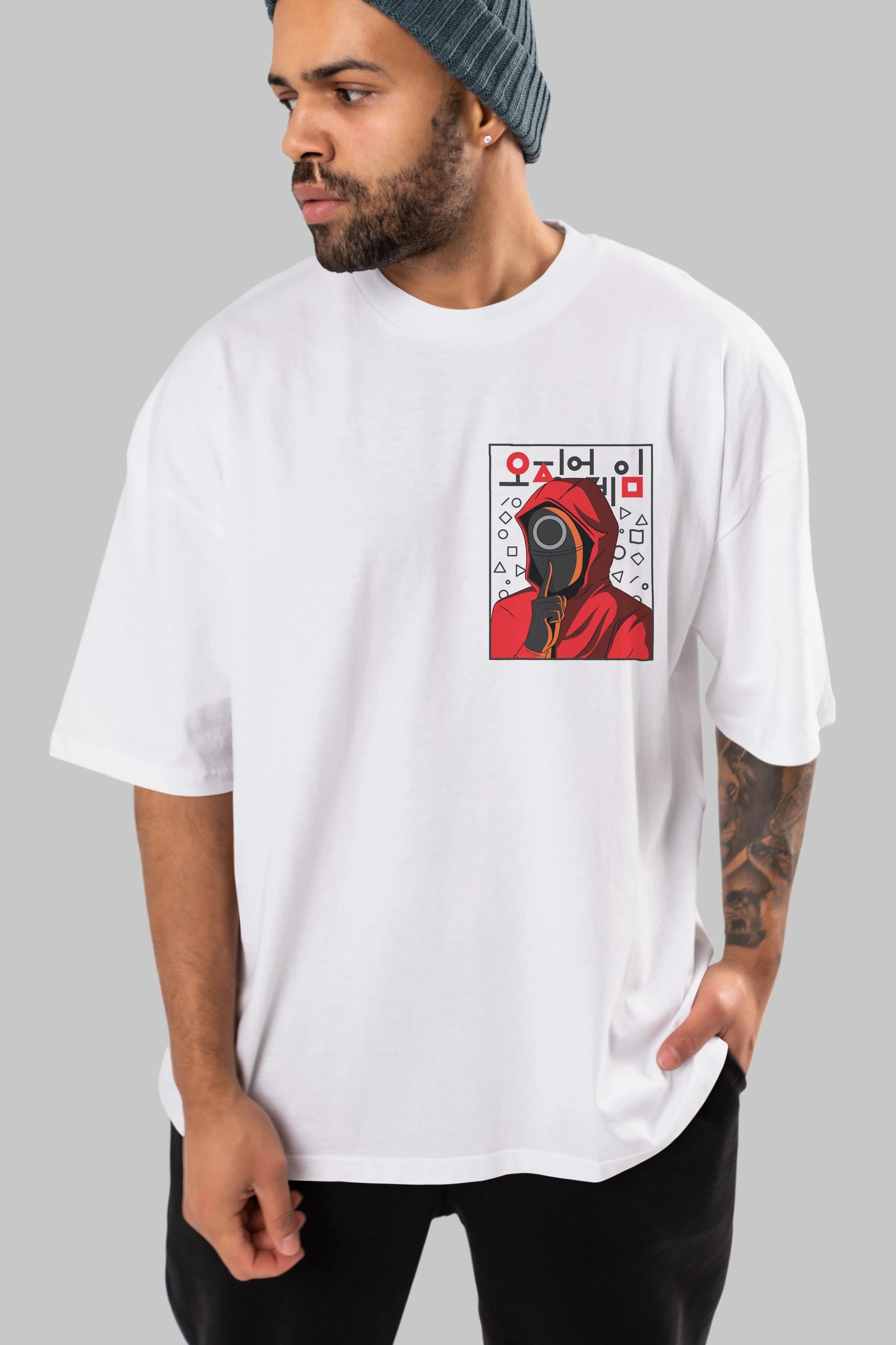 Squid Game (5) Ön Sol Baskılı Oversize t-shirt Erkek Kadın Unisex %100 Pamuk Bisiklet Yaka tişort
