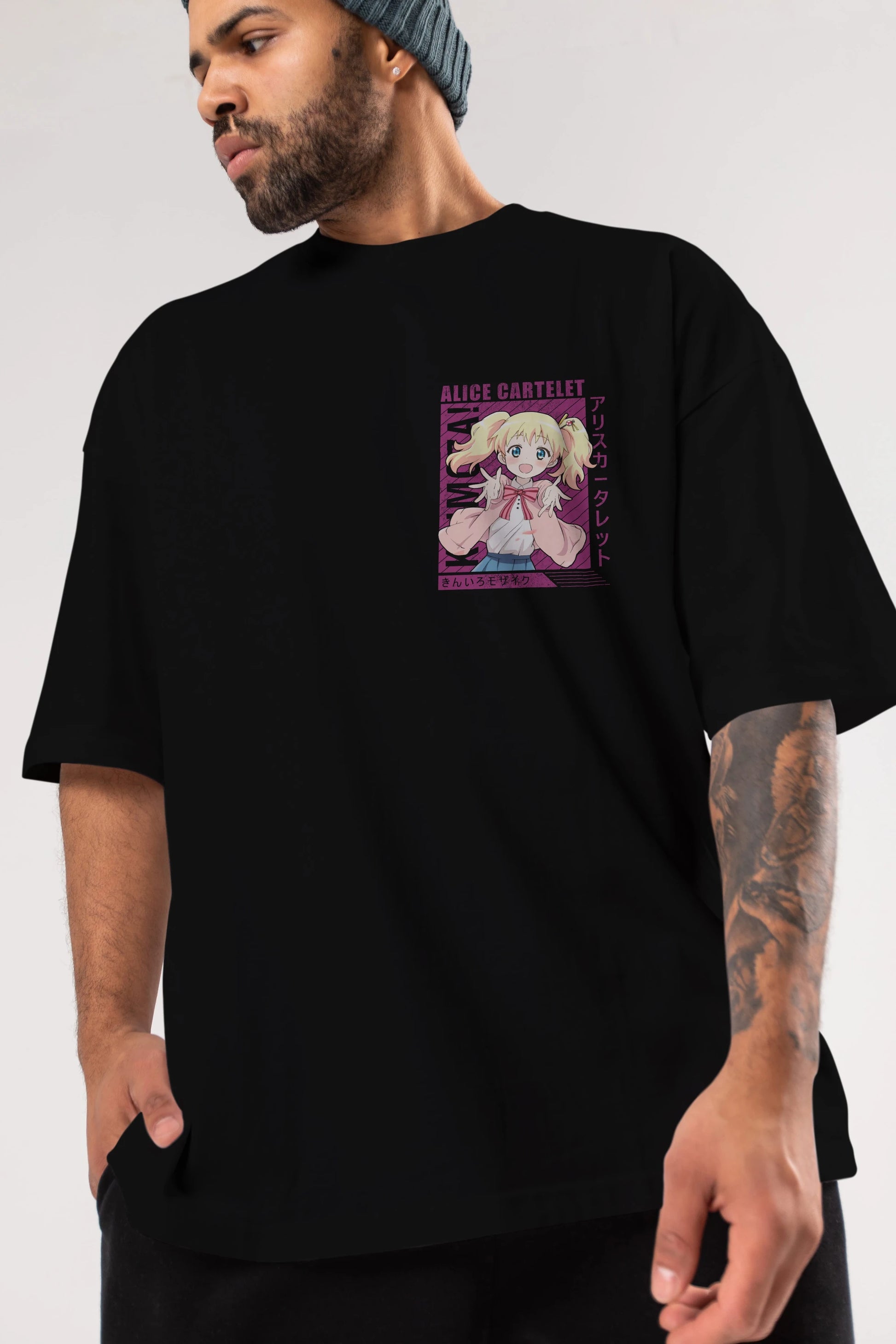 Alice Cartelet 12 Ön Sol Baskılı Oversize t-shirt Erkek Kadın Unisex %100 Pamuk Bisiklet Yaka tişort