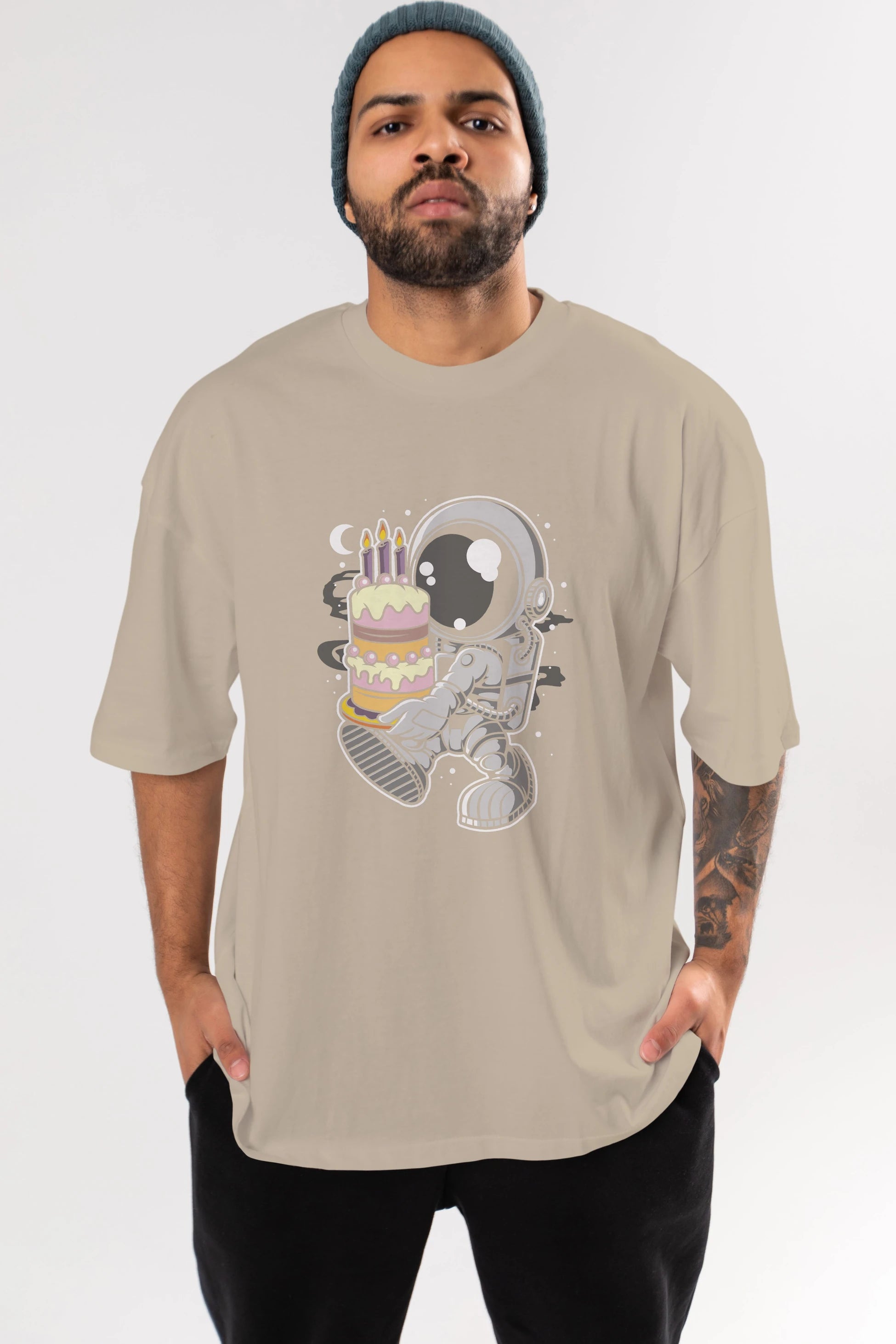 Astronaut Birthday Cake Ön Baskılı Oversize t-shirt Erkek Kadın Unisex