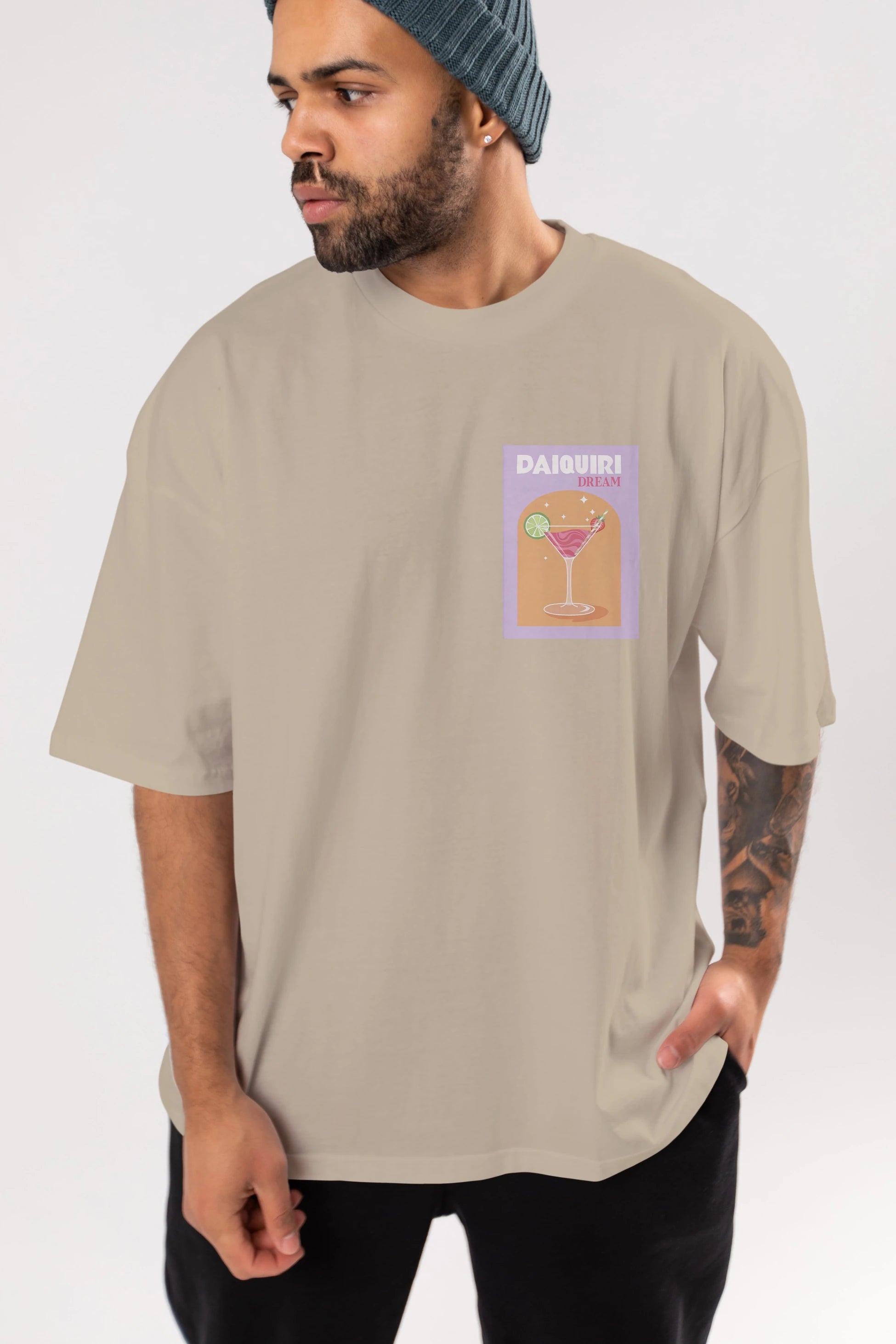 Daiquiri Dream Ön Sol Baskılı Oversize t-shirt Erkek Kadın Unisex %100 Pamuk Bisiklet Yaka tişort