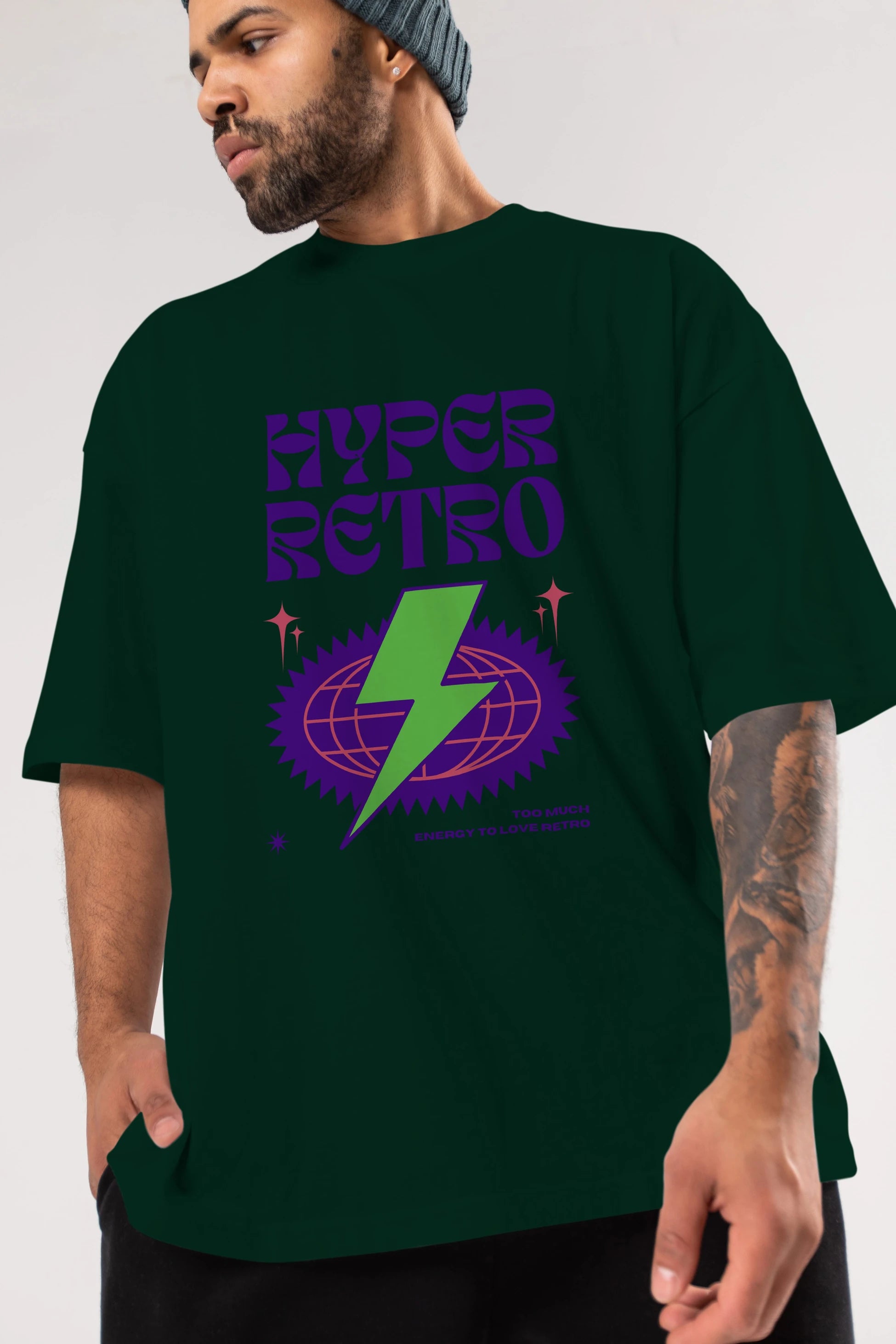 Hyper Retro Yazılı Ön Baskılı Oversize t-shirt Erkek Kadın Unisex