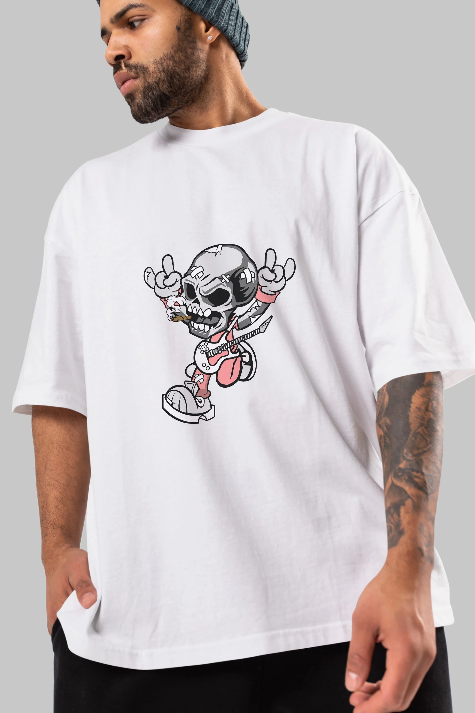 Skull Metal Sign Ön Baskılı Oversize t-shirt Erkek Kadın Unisex %100 Pamuk tişort