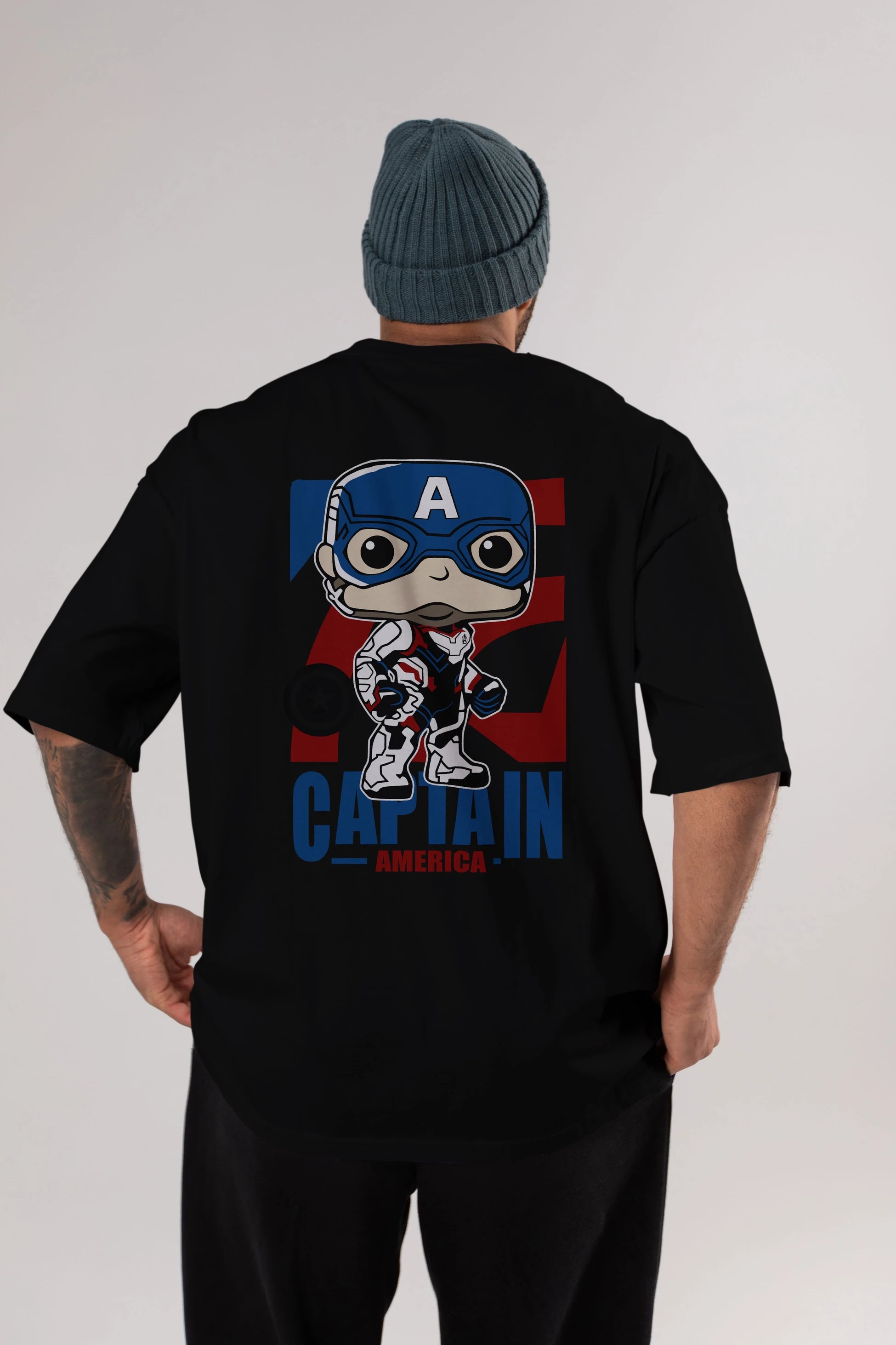 Captain America Arka Baskılı Oversize t-shirt Erkek Kadın Unisex %100 Pamuk Bisiklet Yaka tişort