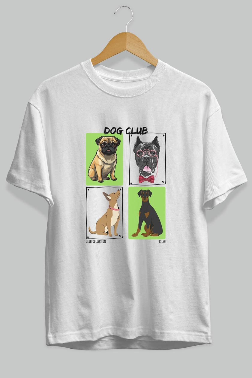 Dog Club ön Baskılı Oversize t-shirt Erkek Kadın %100 Pamuk Bisiklet Yaka tişort
