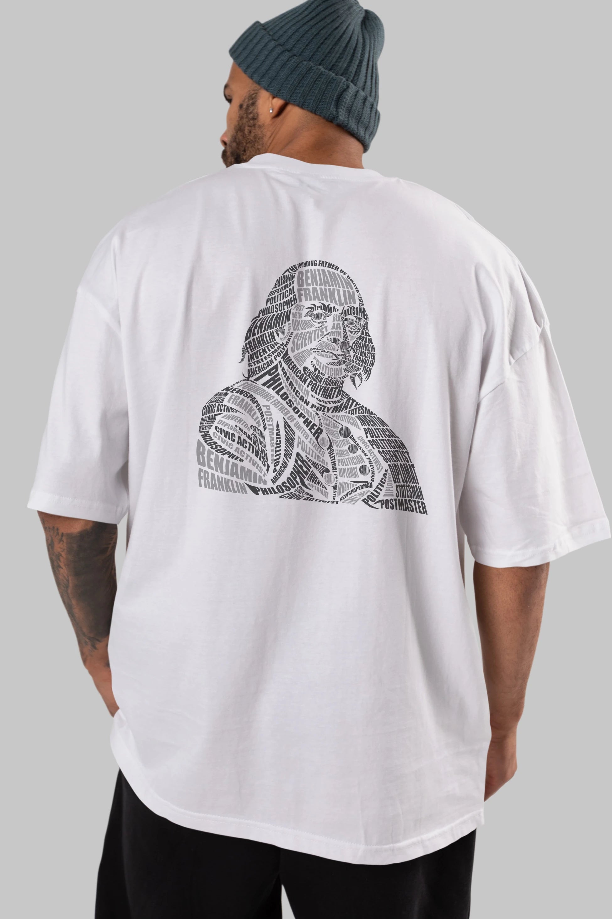 Benjamin Franklin Calligram Arka Baskılı Oversize t-shirt %100 pamuk Erkek Kadın Unisex