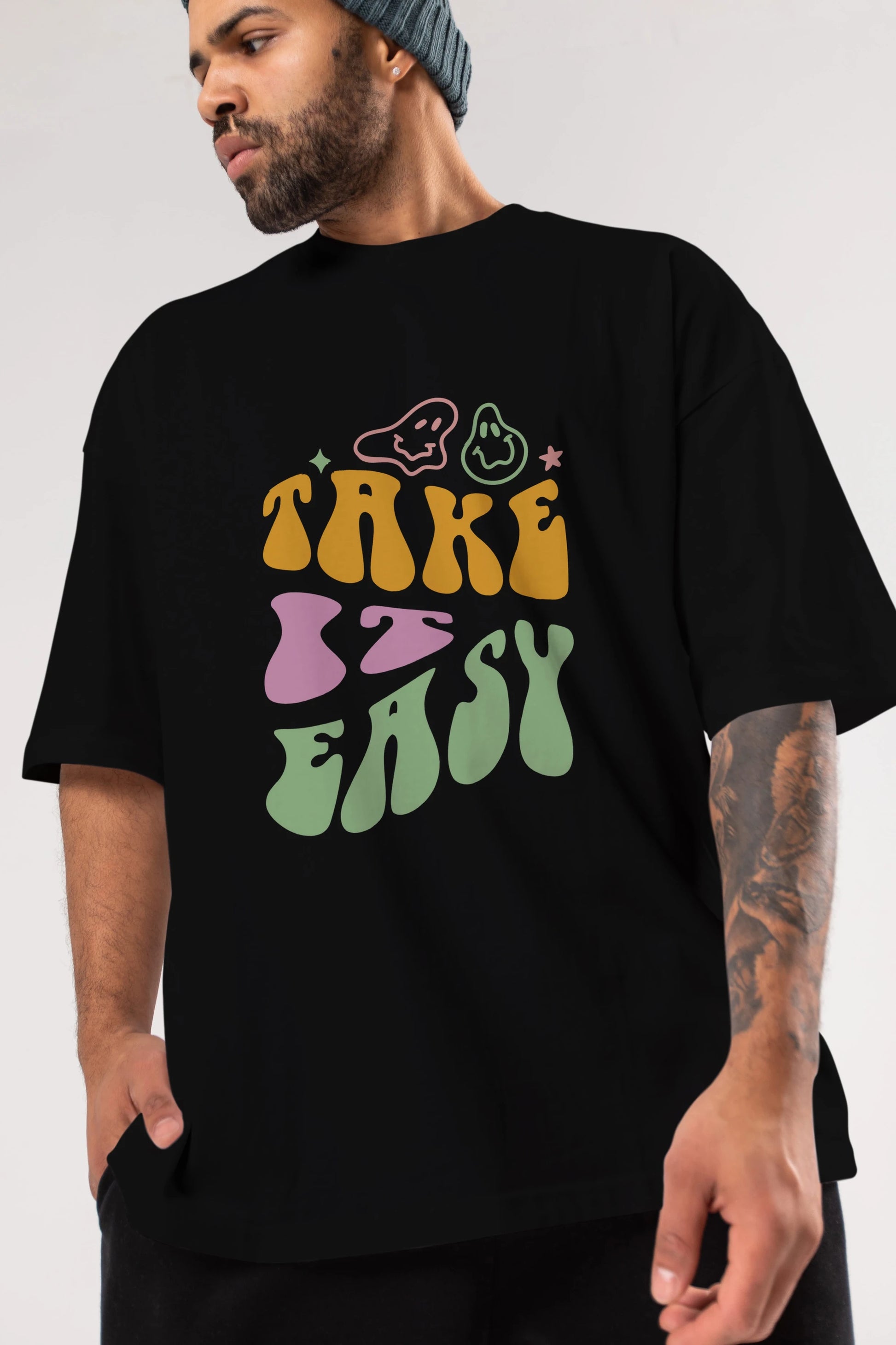 Take it Easy Yazılı Ön Baskılı Oversize t-shirt Erkek Kadın Unisex