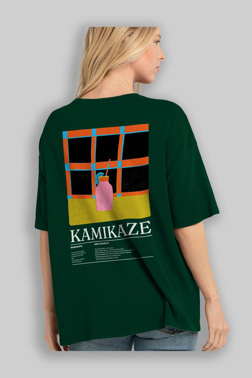 Kamikaze Kokteyl Serisi Arka Baskılı Oversize t-shirt Erkek Kadın %100 Pamuk Bisiklet Yaka tişort