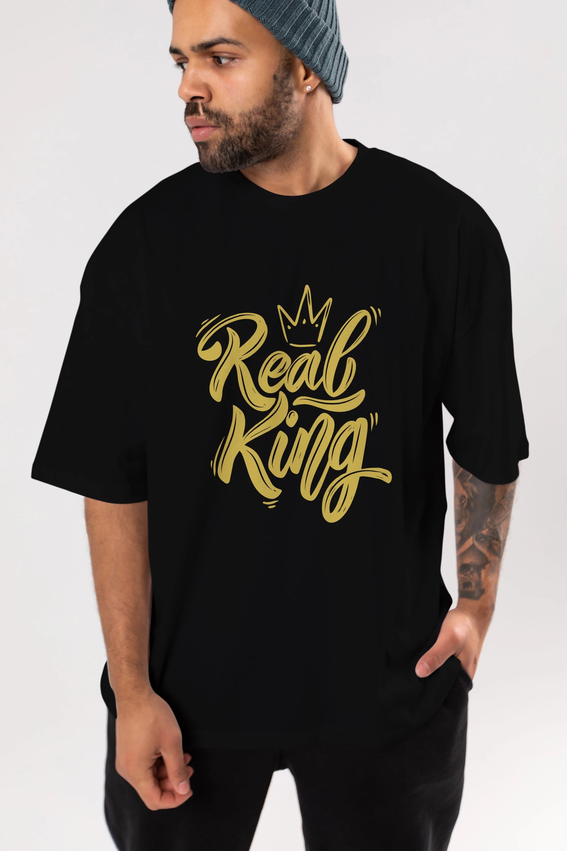 Real King Yazılı Ön Baskılı Oversize t-shirt Erkek Kadın Unisex