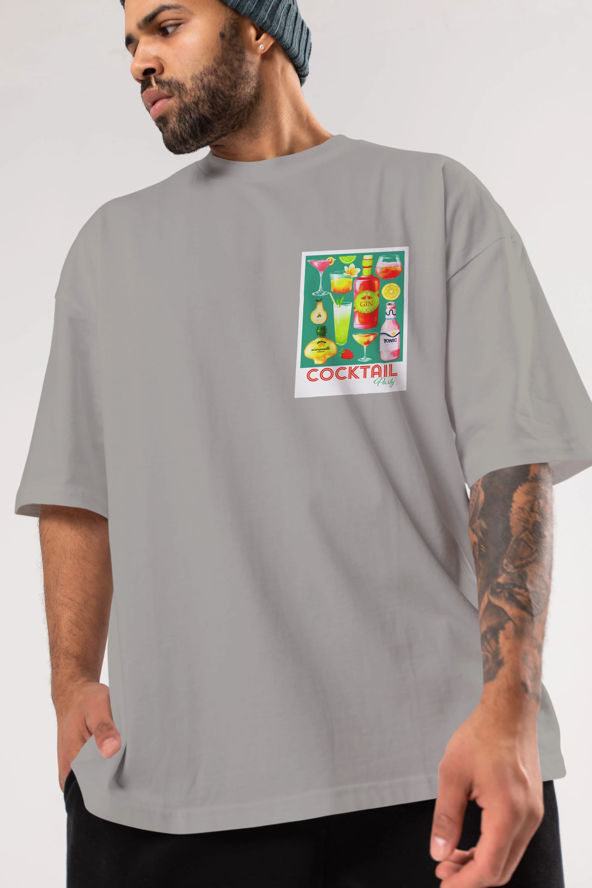 Cocktail Party 2 Ön Sol Baskılı Oversize t-shirt Erkek Kadın Unisex %100 Pamuk Bisiklet Yaka tişort