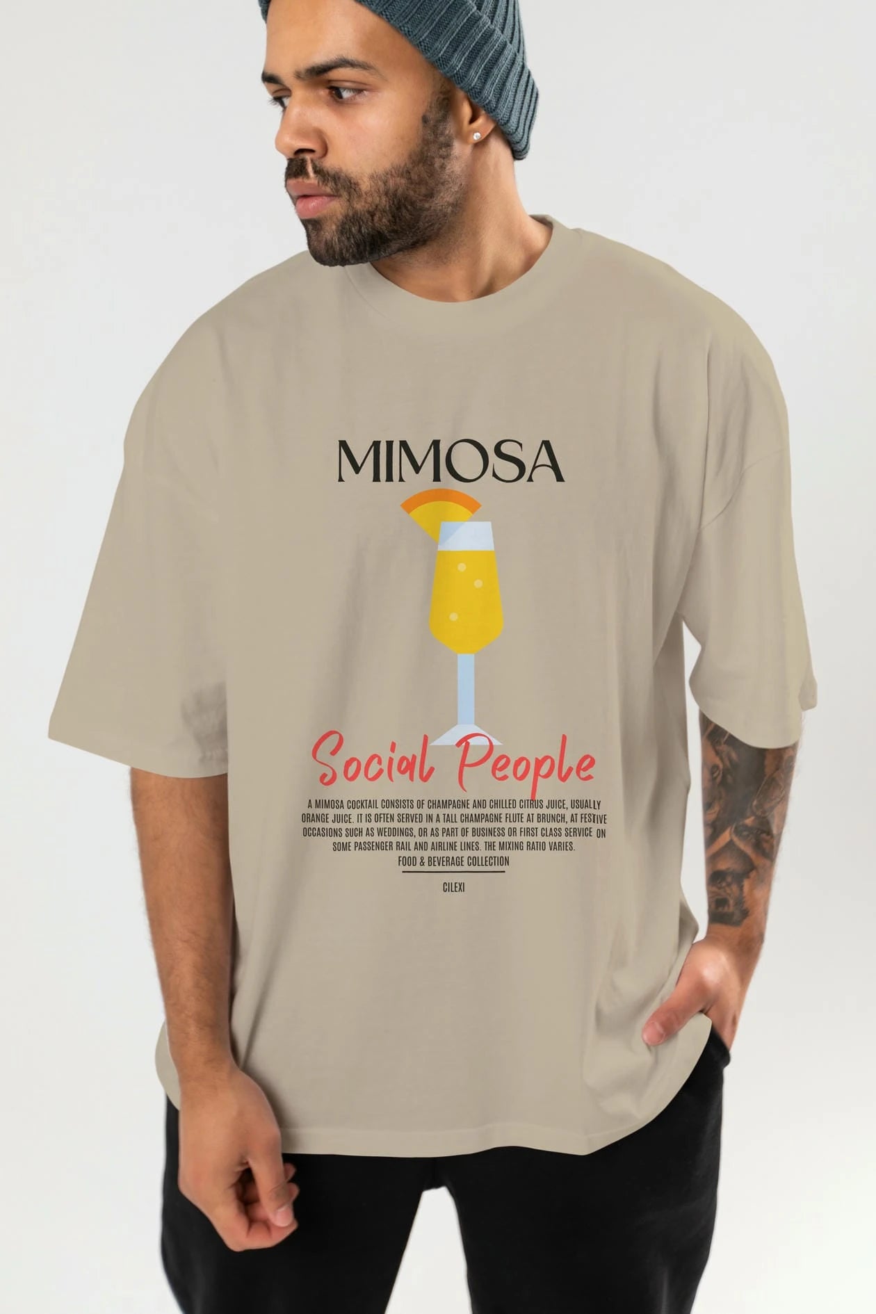 Mimosa Kokteyl Serisi ön Baskılı Oversize t-shirt Erkek Kadın %100 Pamuk Bisiklet Yaka tişort