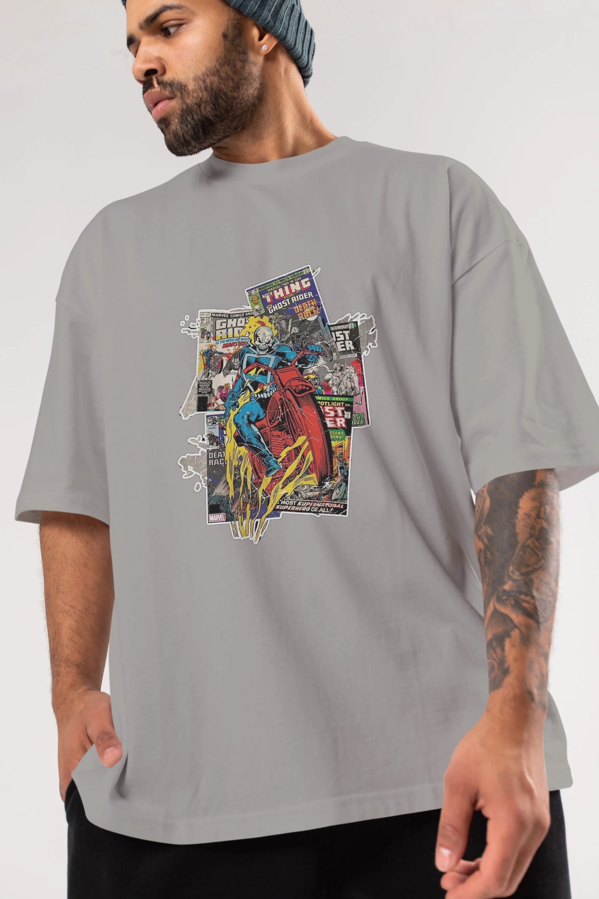Ghost Rider Ön Baskılı Oversize t-shirt Erkek Kadın Unisex %100 Pamuk Bisiklet Yaka tişort