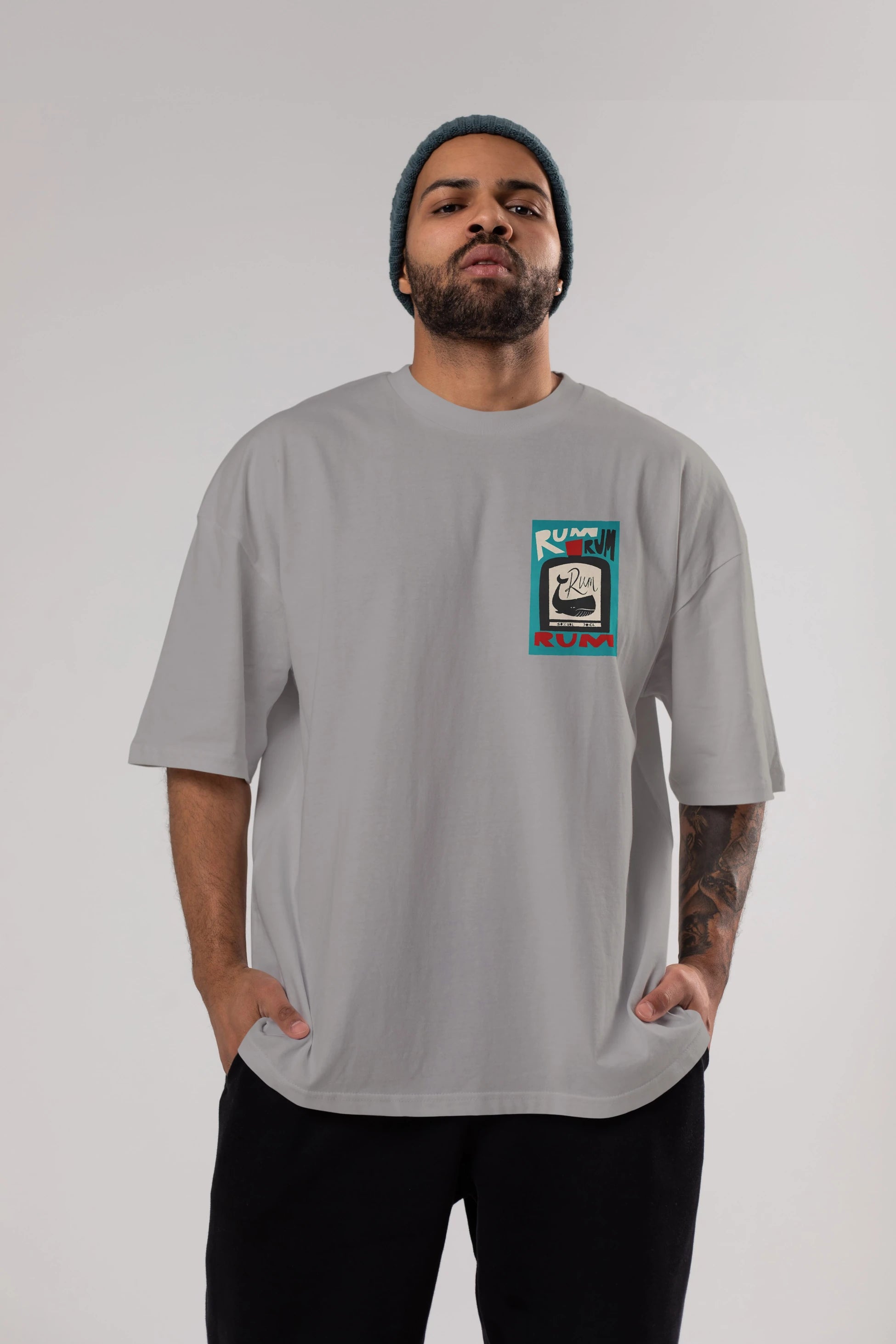 Rum Ön Sol Baskılı Oversize t-shirt Erkek Kadın Unisex %100 Pamuk Bisiklet Yaka tişort