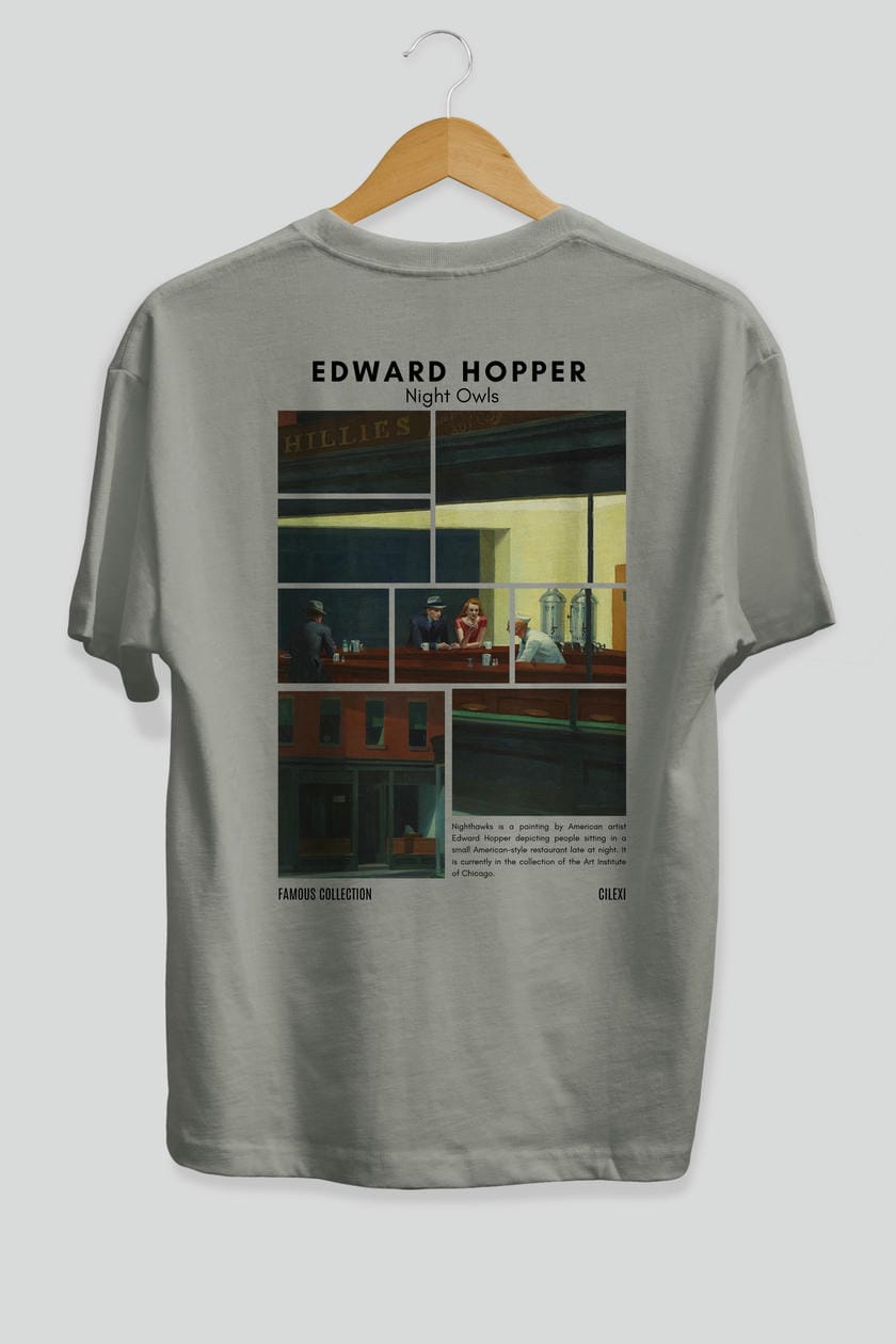 Edward Hopper Night Owls Arka Baskılı Oversize t-shirt Erkek Kadın Bisiklet Yaka Pamuk tişort