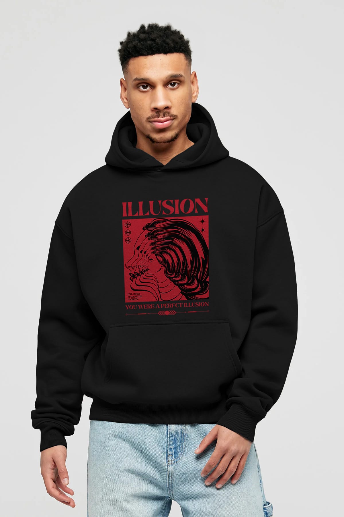 Illusion Streetwear Ön Baskılı Oversize Hoodie Kapüşonlu Sweatshirt Erkek Kadın Unisex