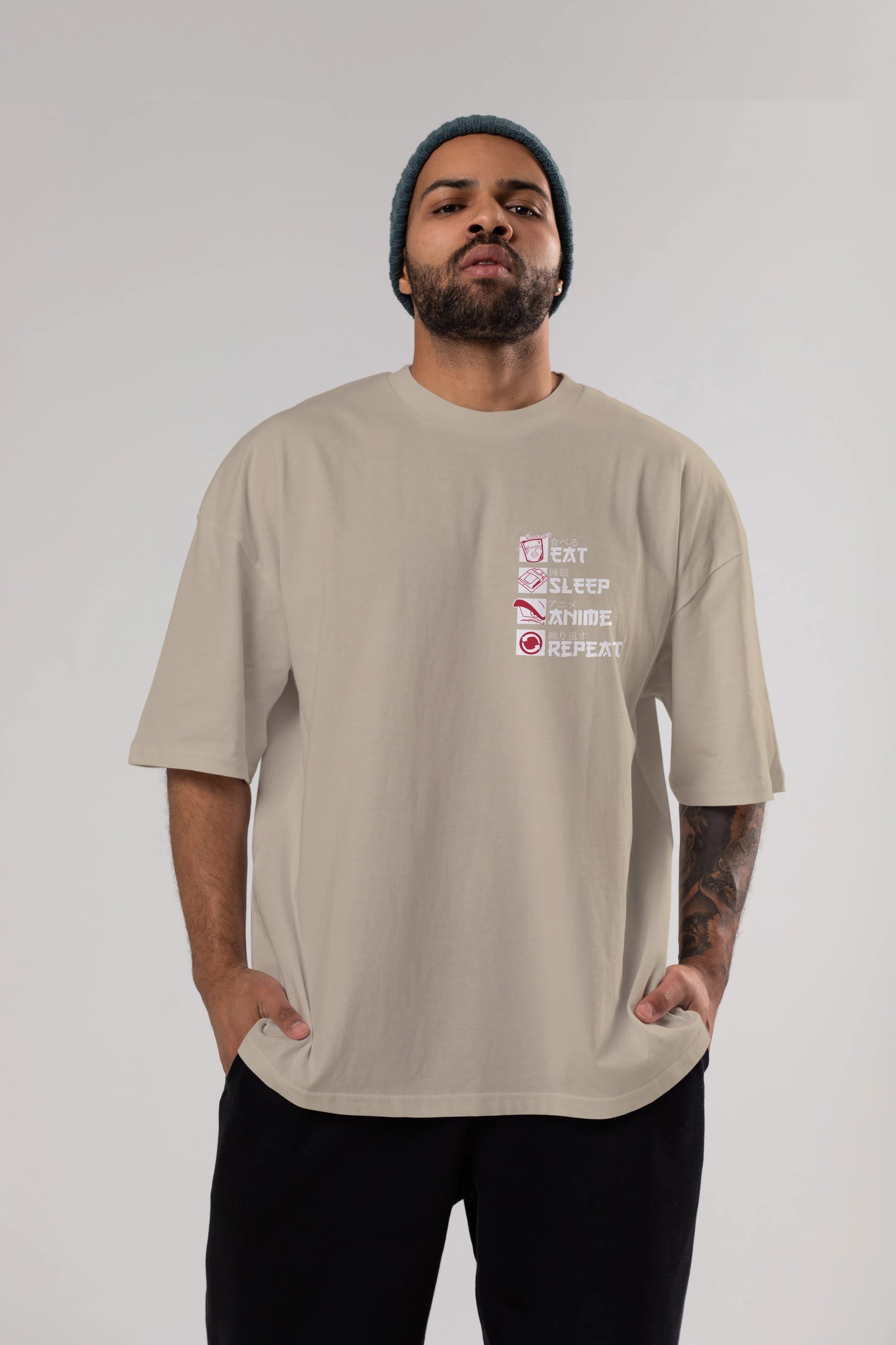 Eat, Sleep, Anime, Repeat Ön Sol Baskılı Oversize t-shirt Erkek Kadın Unisex %100 Pamuk Bisiklet Yaka tişort