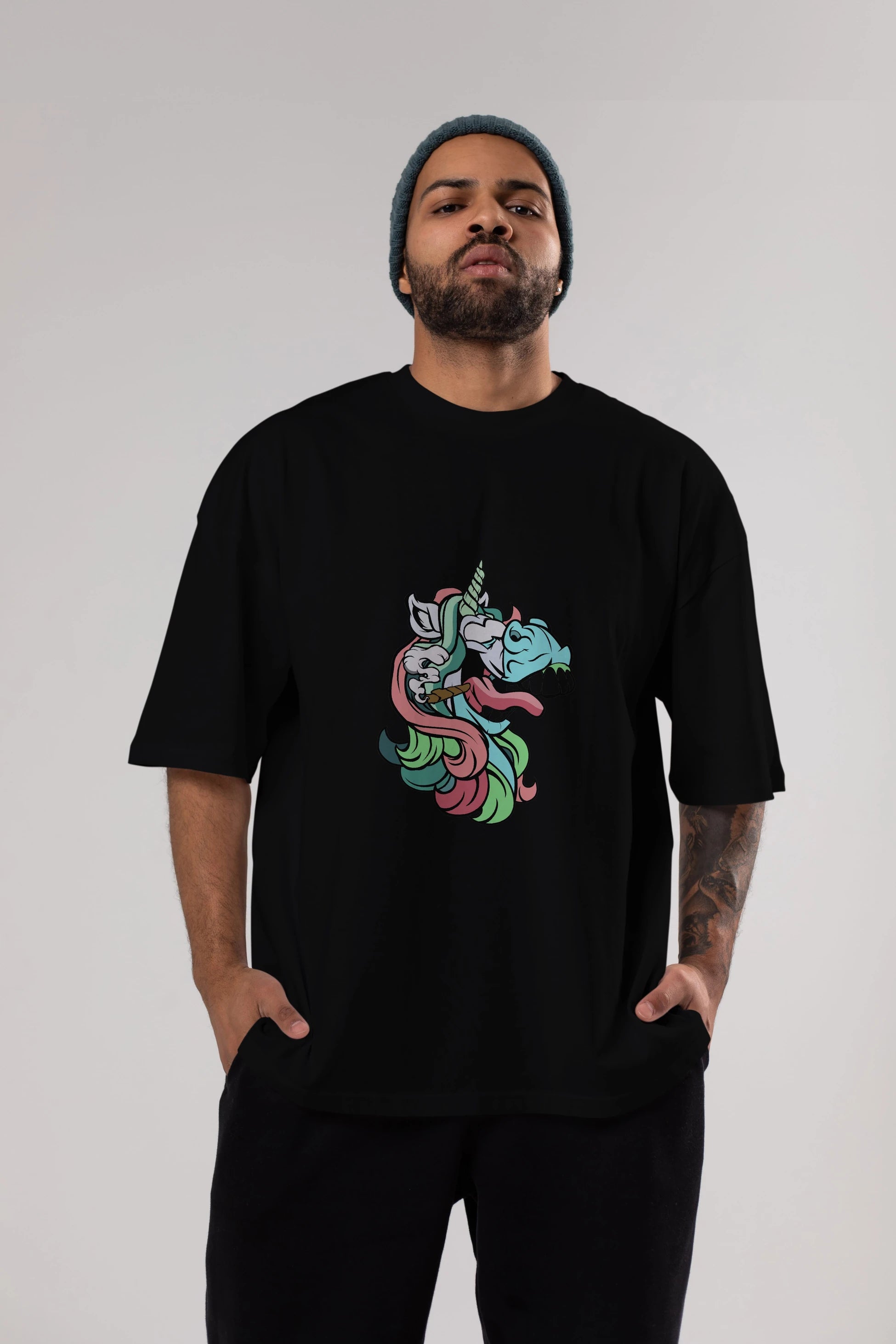 Crazy Unicorn Ön Baskılı Oversize t-shirt Erkek Kadın Unisex %100 Pamuk tişort