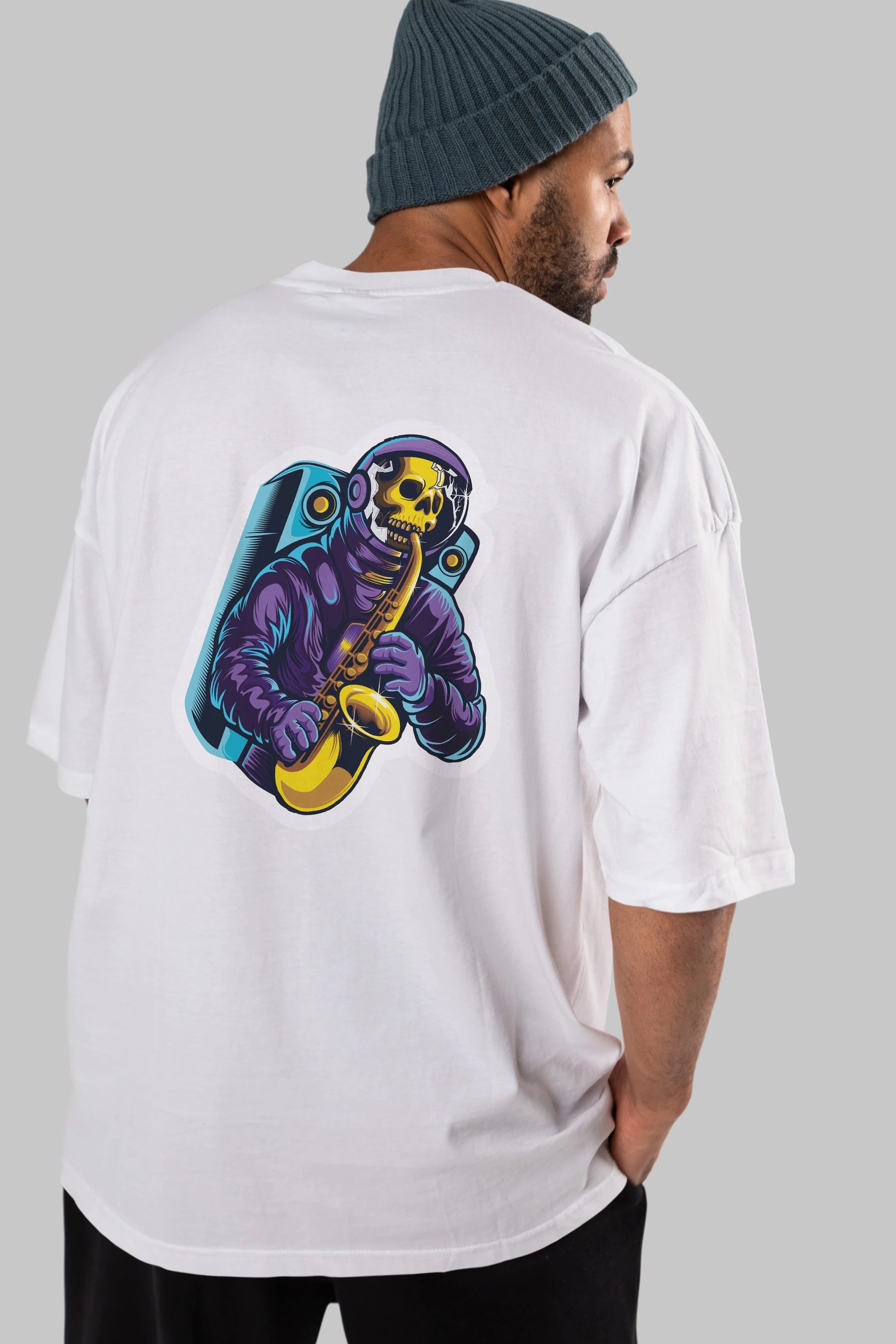Astroskull Saxophonist Sticker Arka Baskılı Oversize t-shirt Erkek Kadın Unisex