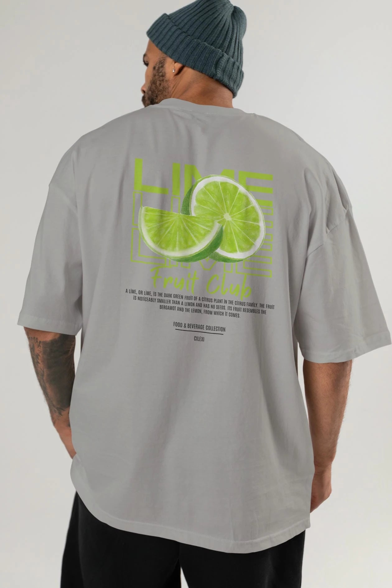 Lime Arka Baskılı Oversize t-shirt Erkek Kadın Pamuk Bisiklet Yaka tişort