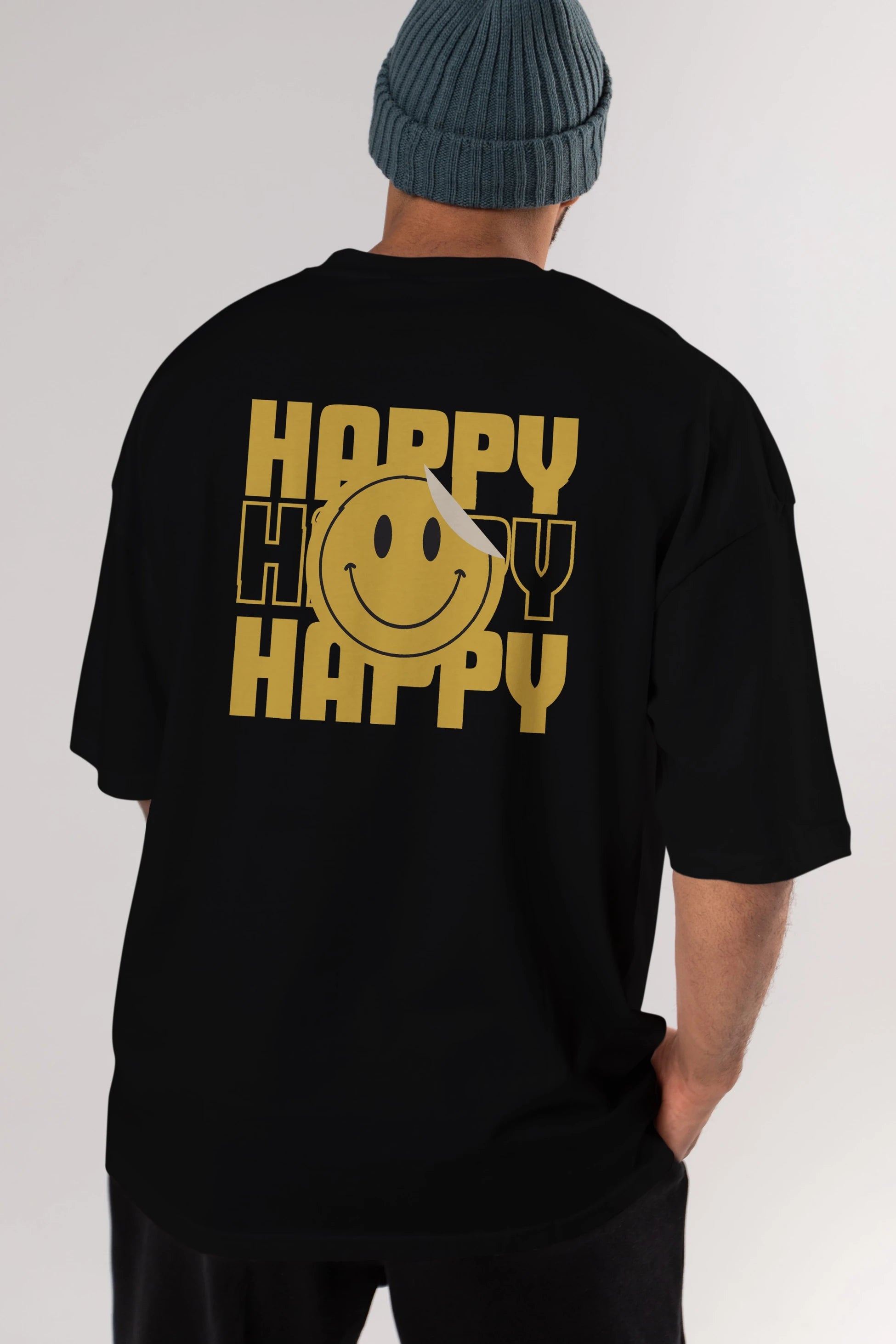 Happy Smile Yazılı Arka Baskılı Oversize t-shirt Erkek Kadın Unisex