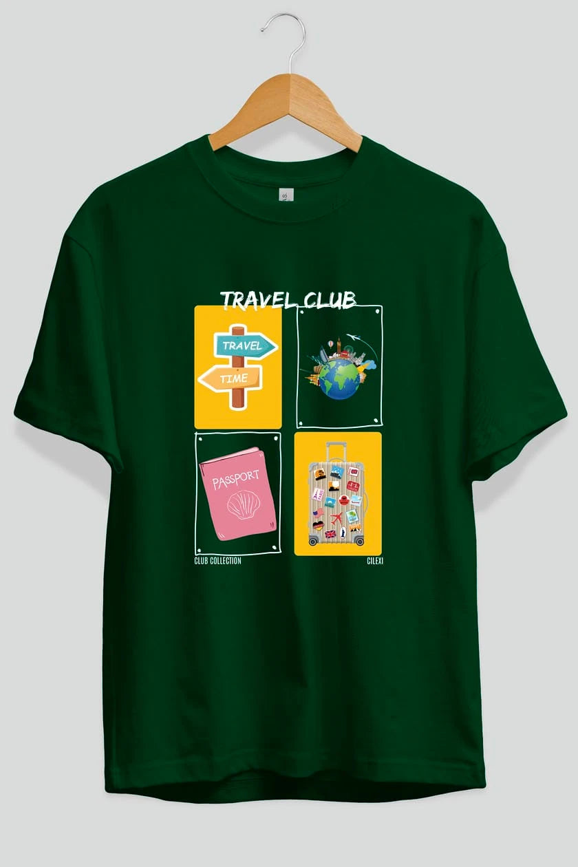 Travel Club ön Baskılı Oversize t-shirt Erkek Kadın %100 Pamuk Bisiklet Yaka tişort