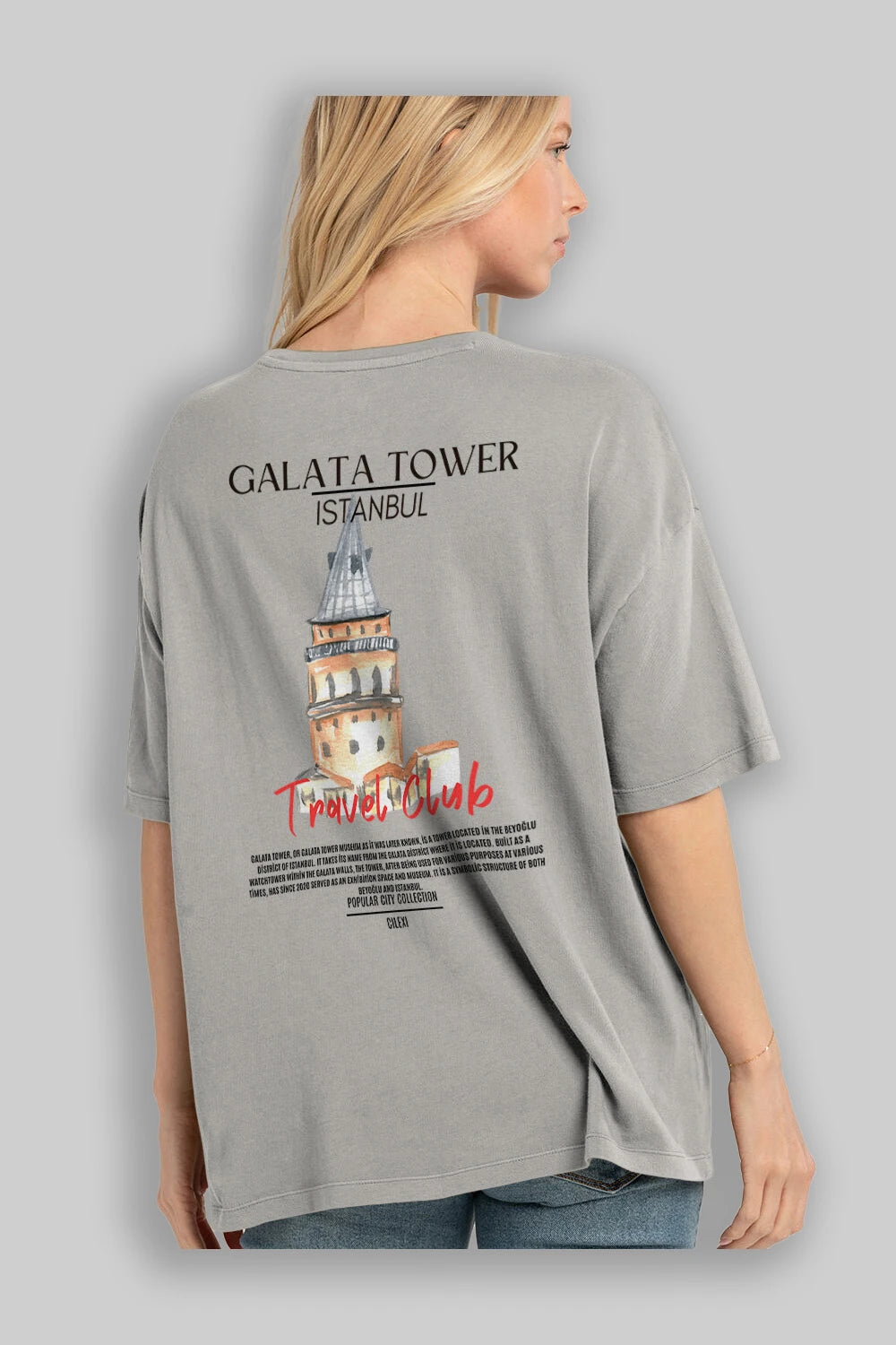 Galata Tower İstanbul Arka Baskılı Oversize t-shirt Erkek Kadın Pamuk Bisiklet Yaka tişort