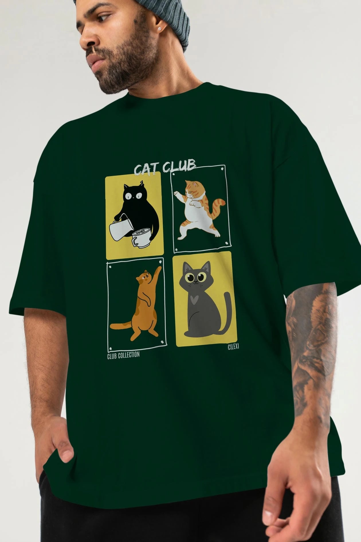 Cat Club ön Baskılı Oversize t-shirt Erkek Kadın %100 Pamuk Bisiklet Yaka tişort