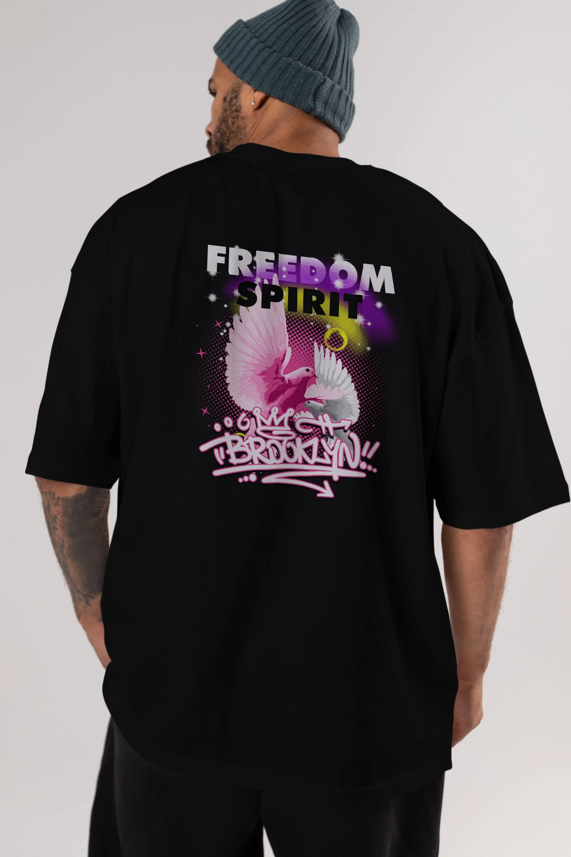 Freedom Spirit Brooklyn Arka Baskılı Oversize t-shirt Erkek Kadın Unisex