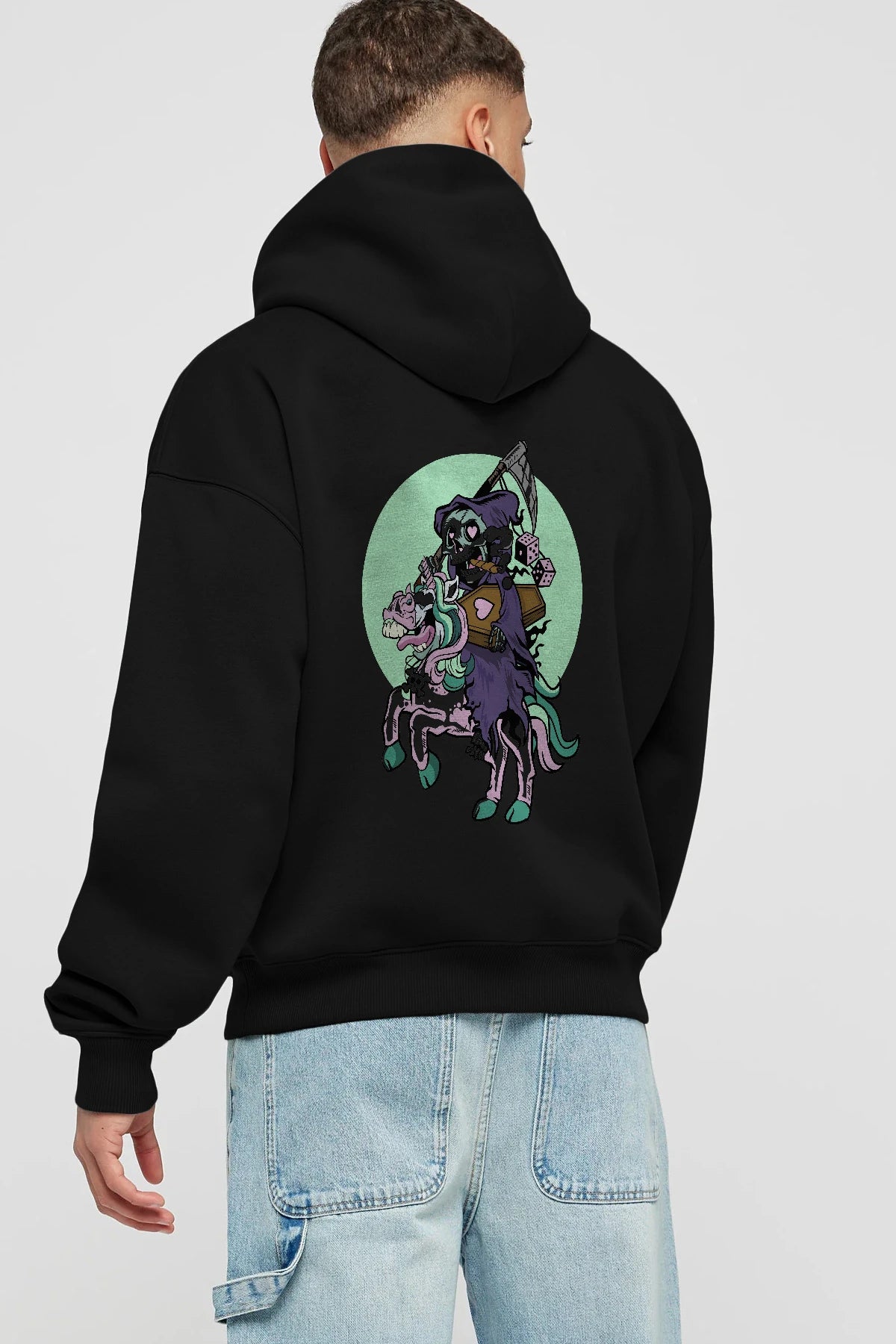 Grim Reaper Riding Unicorn Arka Baskılı Hoodie Oversize Kapüşonlu Sweatshirt Erkek Kadın Unisex