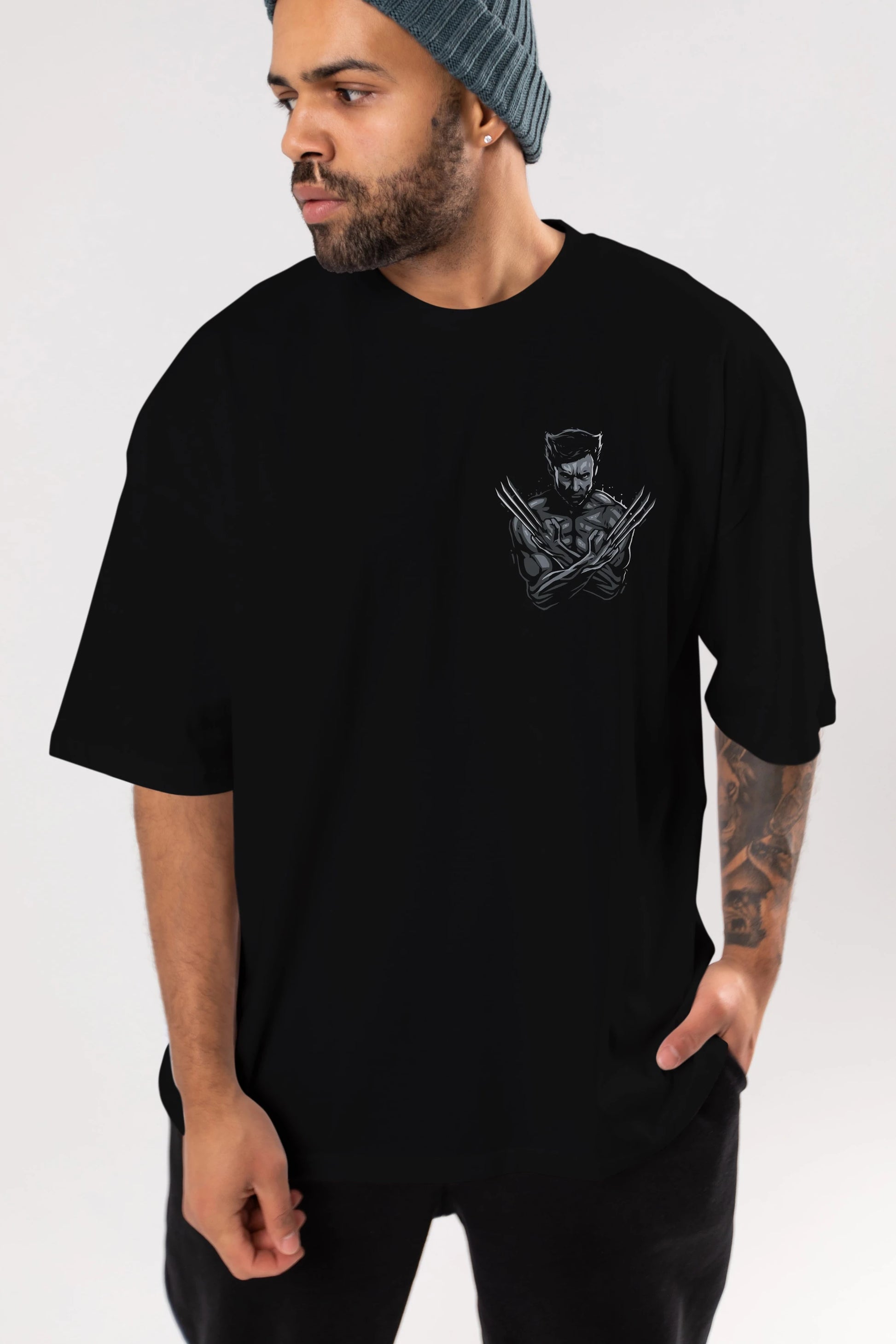 Wolverine Ön Sol Baskılı Oversize t-shirt Erkek Kadın Unisex %100 Pamuk Bisiklet Yaka tişort