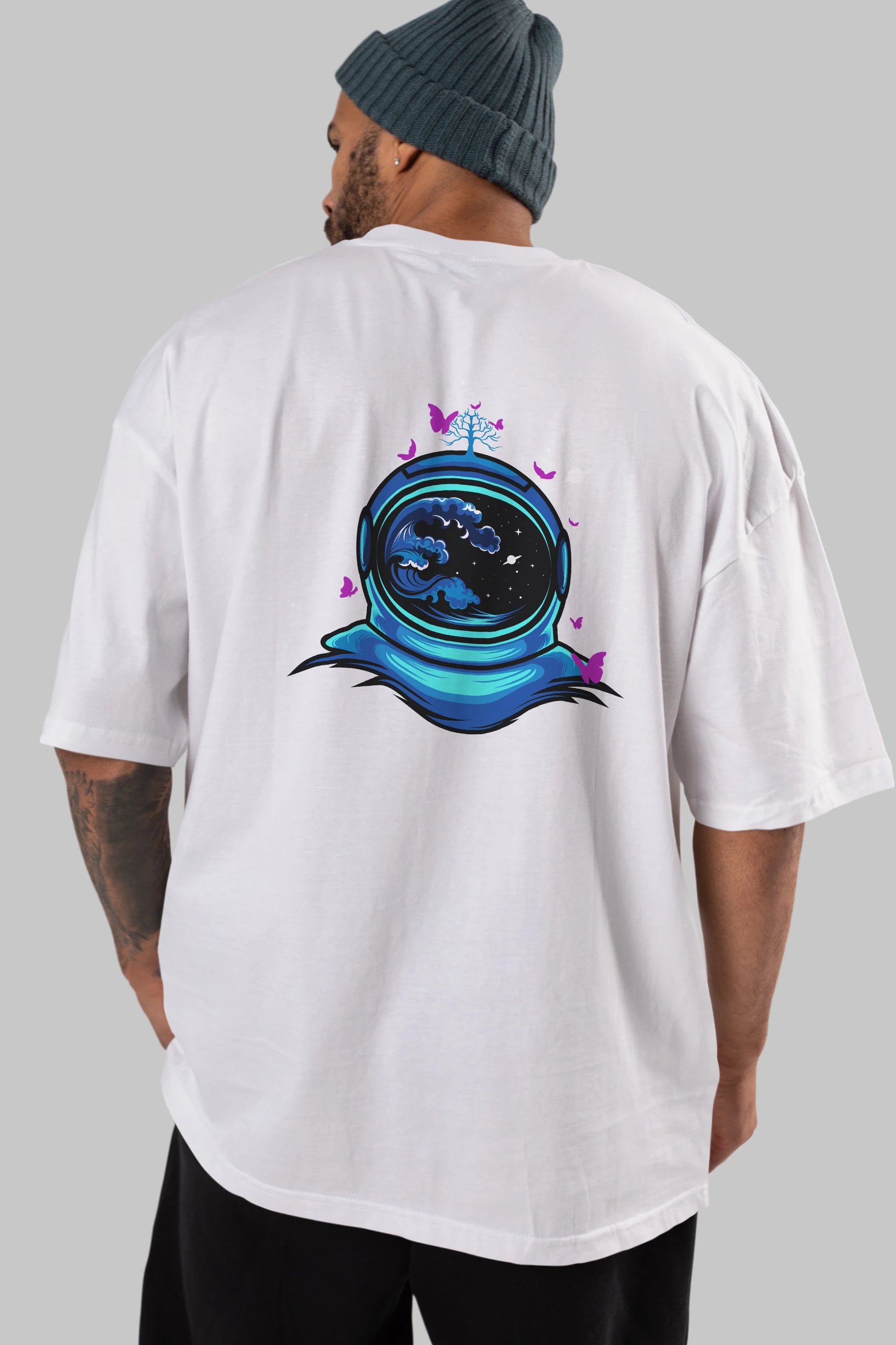 Astronaut and Butterfly Arka Baskılı Oversize t-shirt Erkek Kadın Unisex