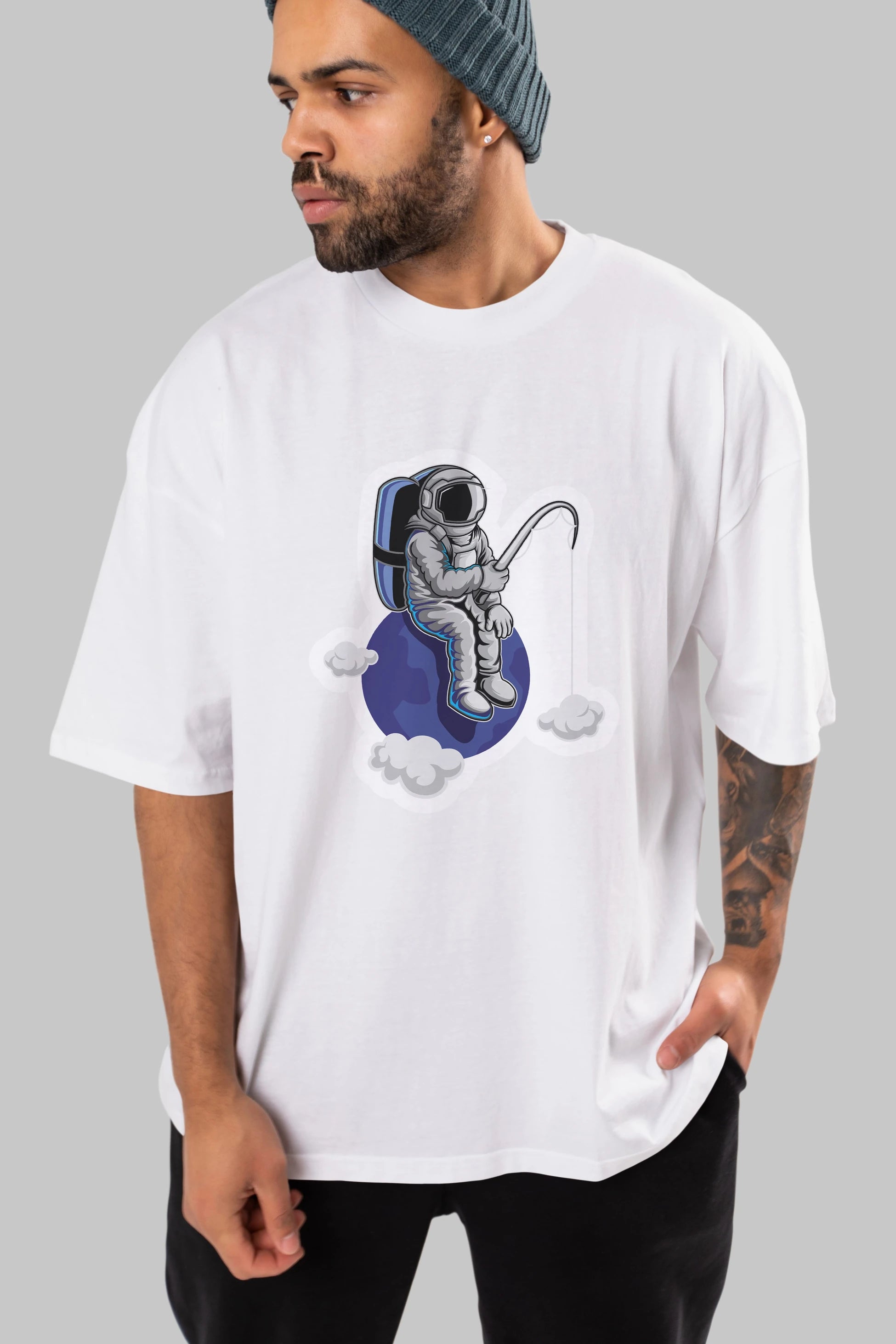 Astronaut Fishing Sticker Ön Baskılı Oversize t-shirt Erkek Kadın Unisex