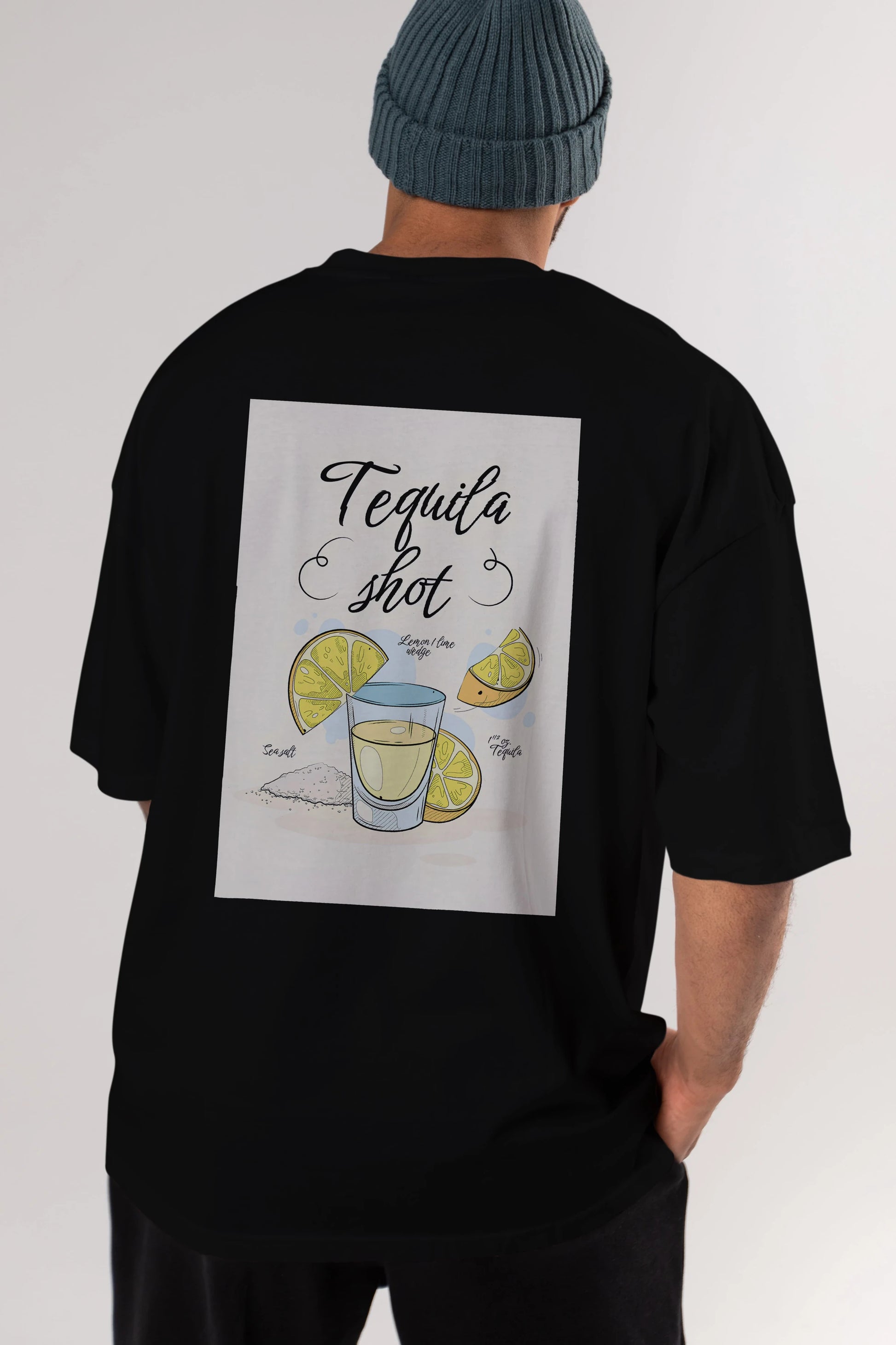 Tequila Shot Arka Baskılı Oversize t-shirt Erkek Kadın Unisex %100 Pamuk Bisiklet Yaka tişort