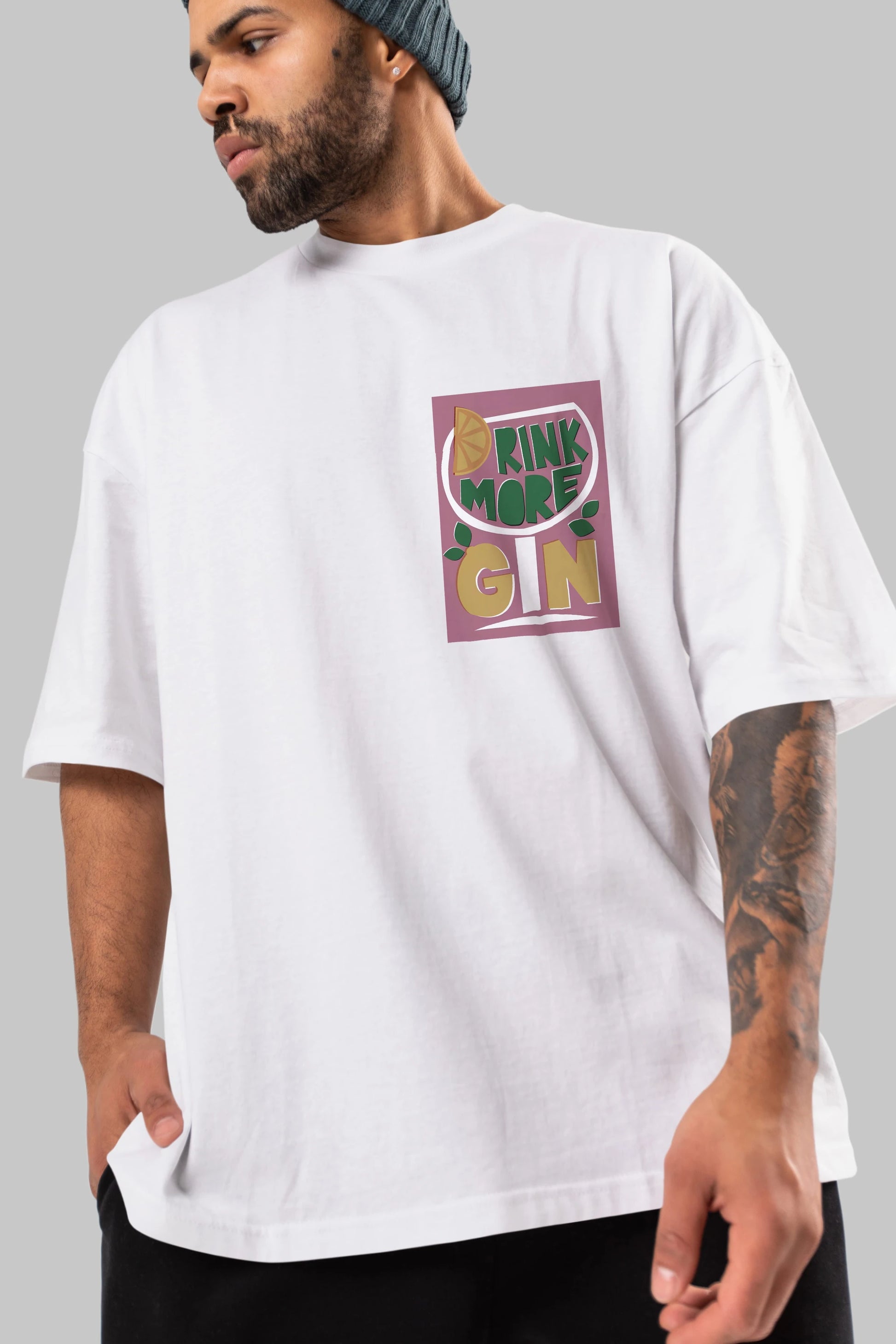 Drink More Gin Ön Sol Baskılı Oversize t-shirt Erkek Kadın Unisex %100 Pamuk Bisiklet Yaka tişort