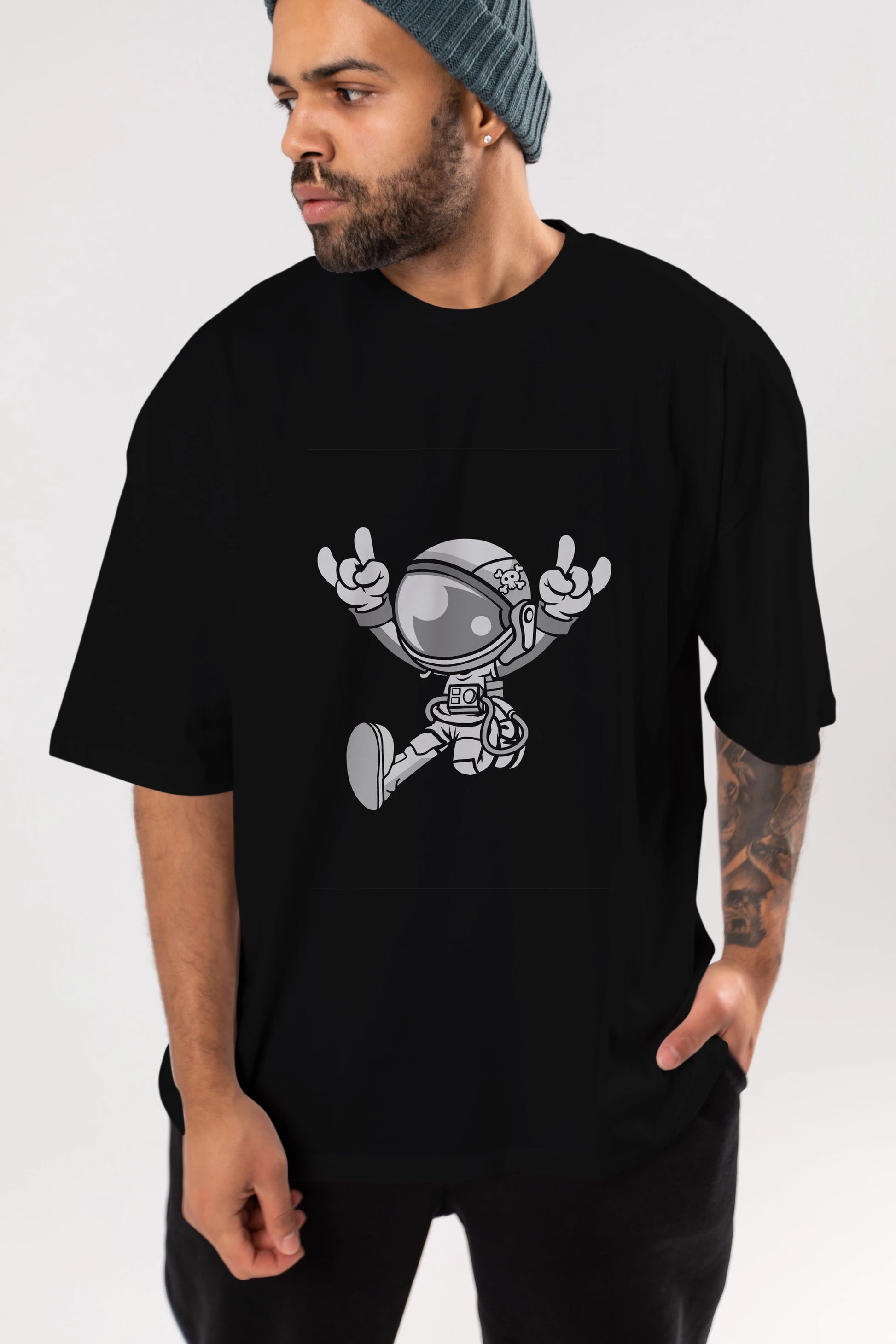Astronaut Metal Ön Baskılı Oversize t-shirt Erkek Kadın Unisex %100 Pamuk tişort