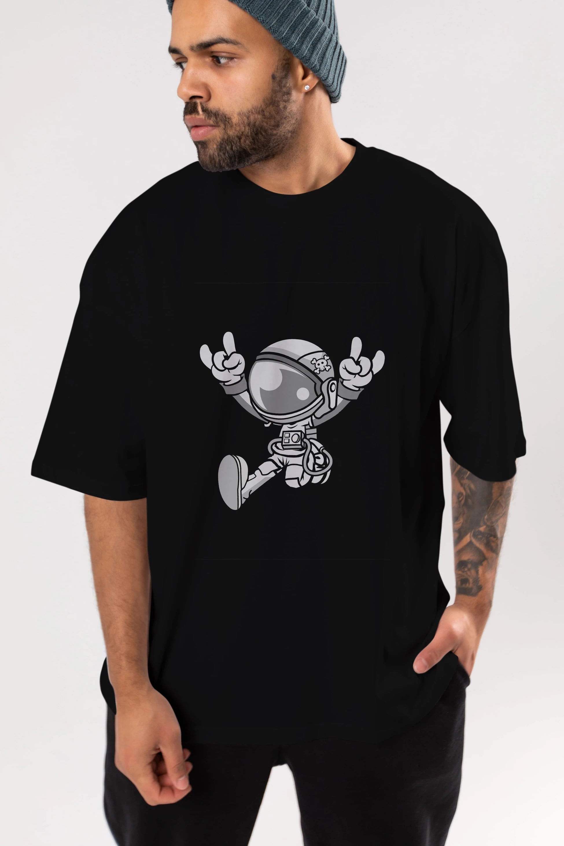 Astronaut Metal Ön Baskılı Oversize t-shirt Erkek Kadın Unisex %100 Pamuk tişort