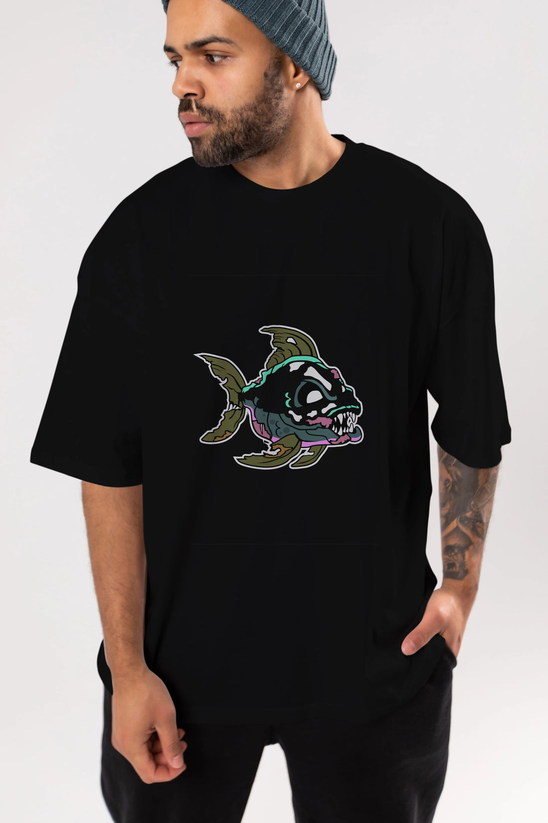 Fish Monster Ön Baskılı Oversize t-shirt Erkek Kadın Unisex %100 Pamuk tişort