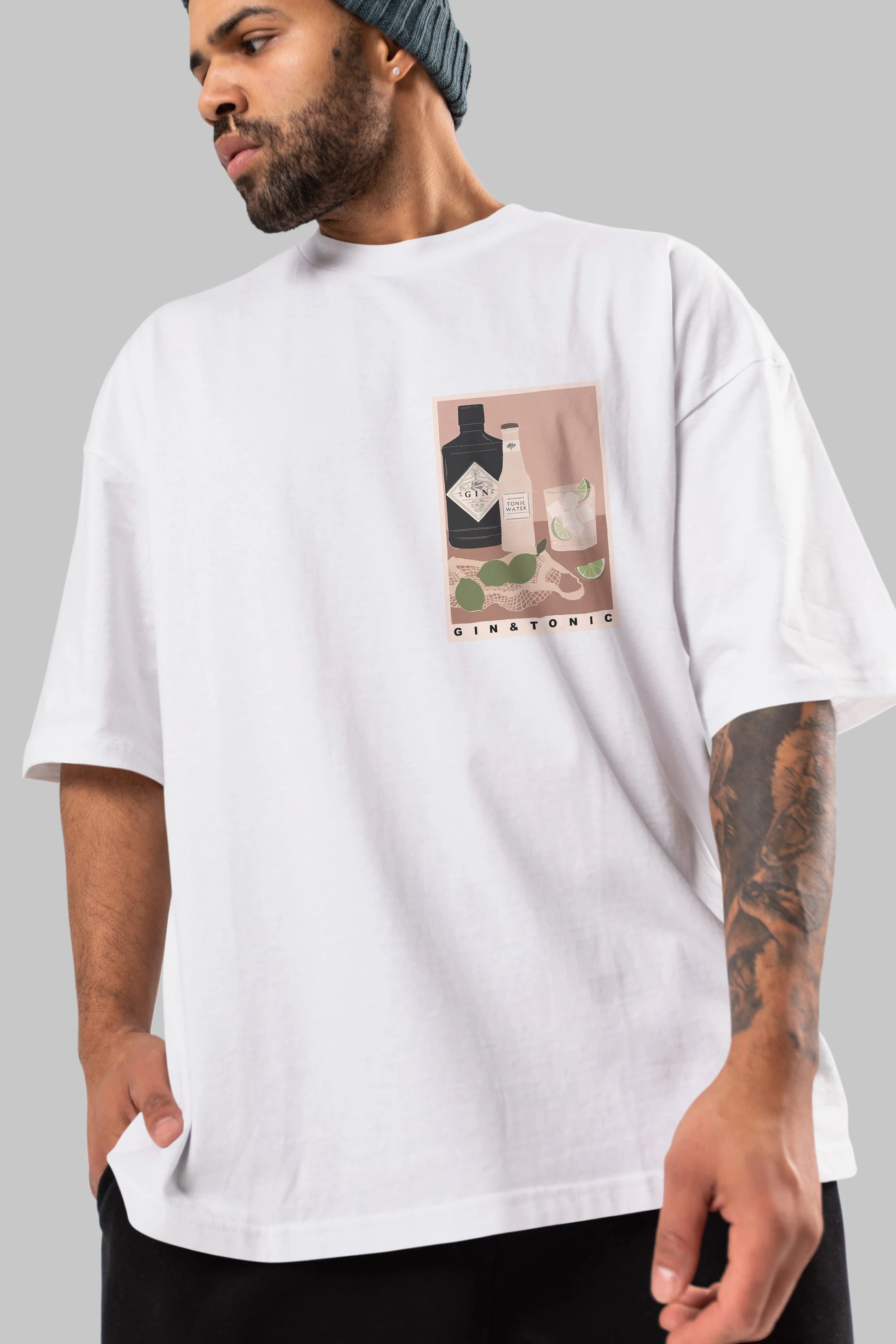 Gin Tonic Ön Sol Baskılı Oversize t-shirt Erkek Kadın Unisex %100 Pamuk Bisiklet Yaka tişort