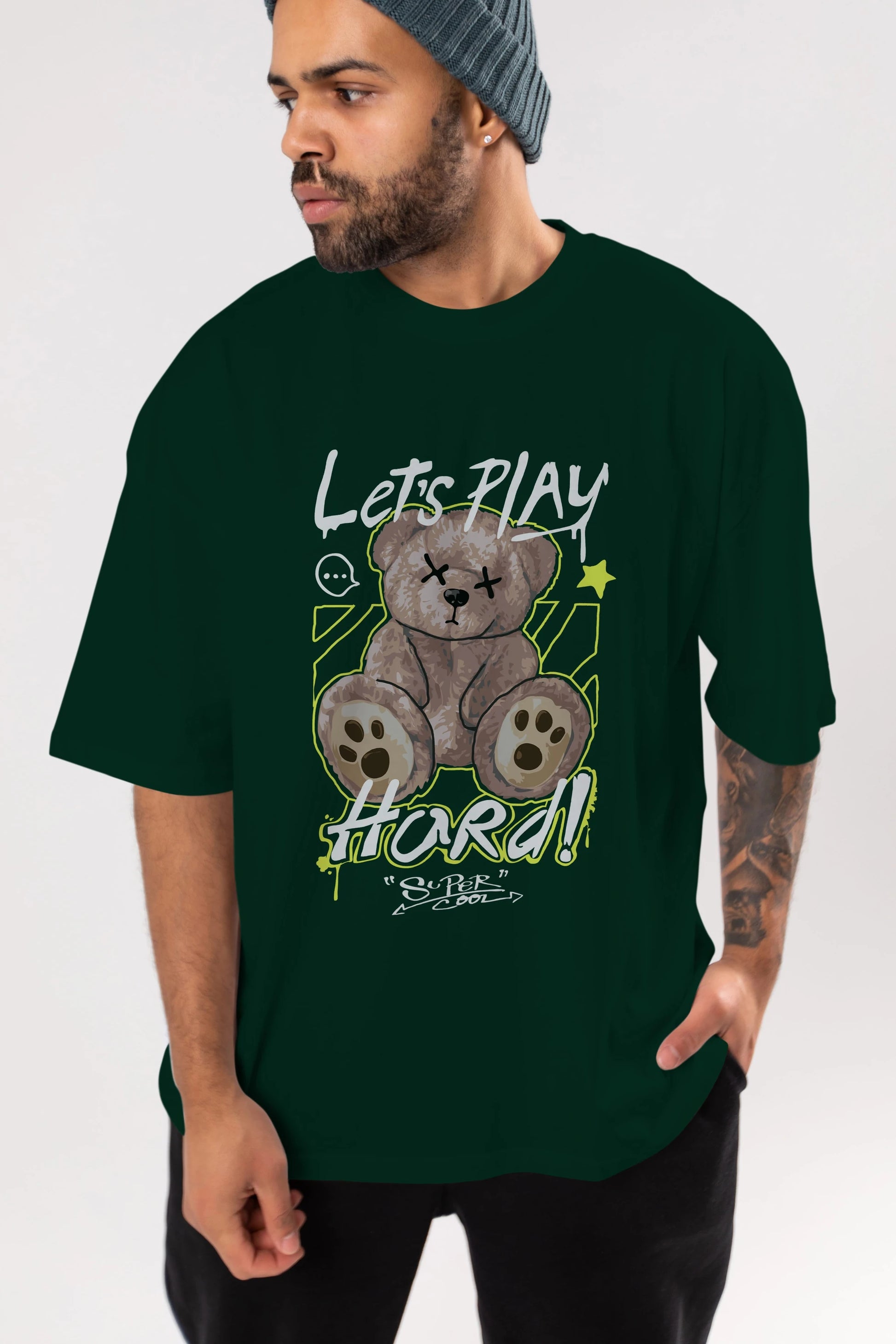 Lets Play Hard Bear Ön Baskılı Oversize t-shirt Erkek Kadın Unisex