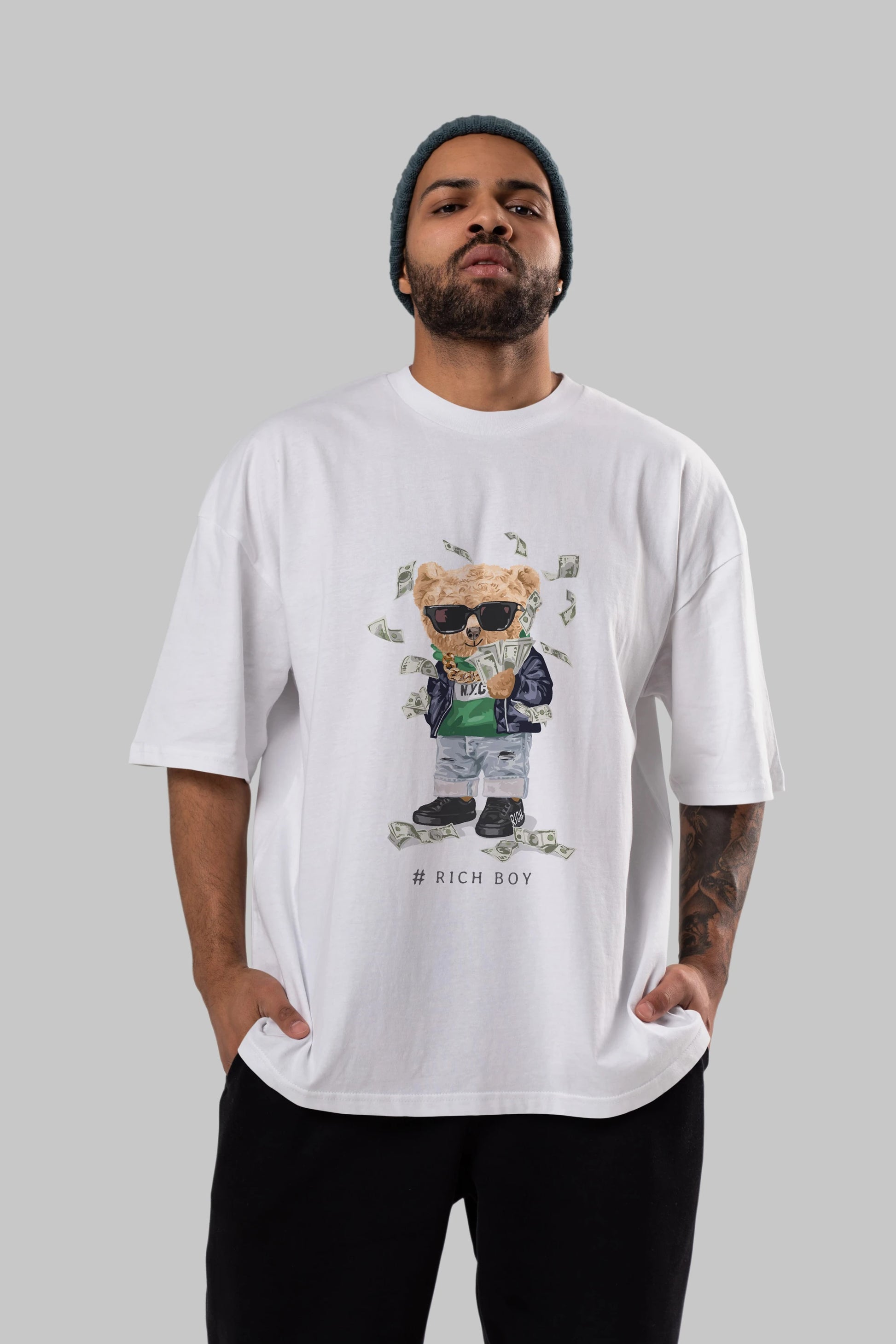Teddy Bear Rich Boy Ön Baskılı Oversize t-shirt Erkek Kadın Unisex %100 Pamuk