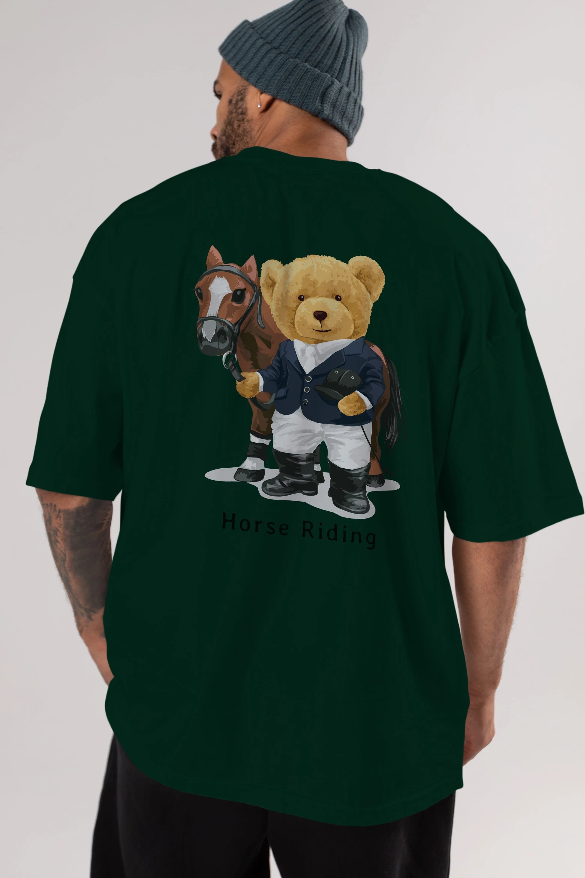 Teddy Bear Horse Riding Arka Baskılı Oversize t-shirt Erkek Kadın Unisex %100 Pamuk