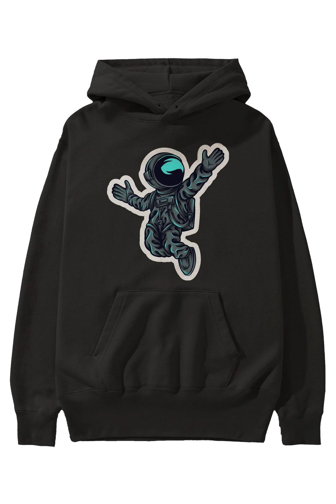 Happy Astronaut Sticker Ön Baskılı Hoodie Oversize Kapüşonlu Sweatshirt Erkek Kadın Unisex