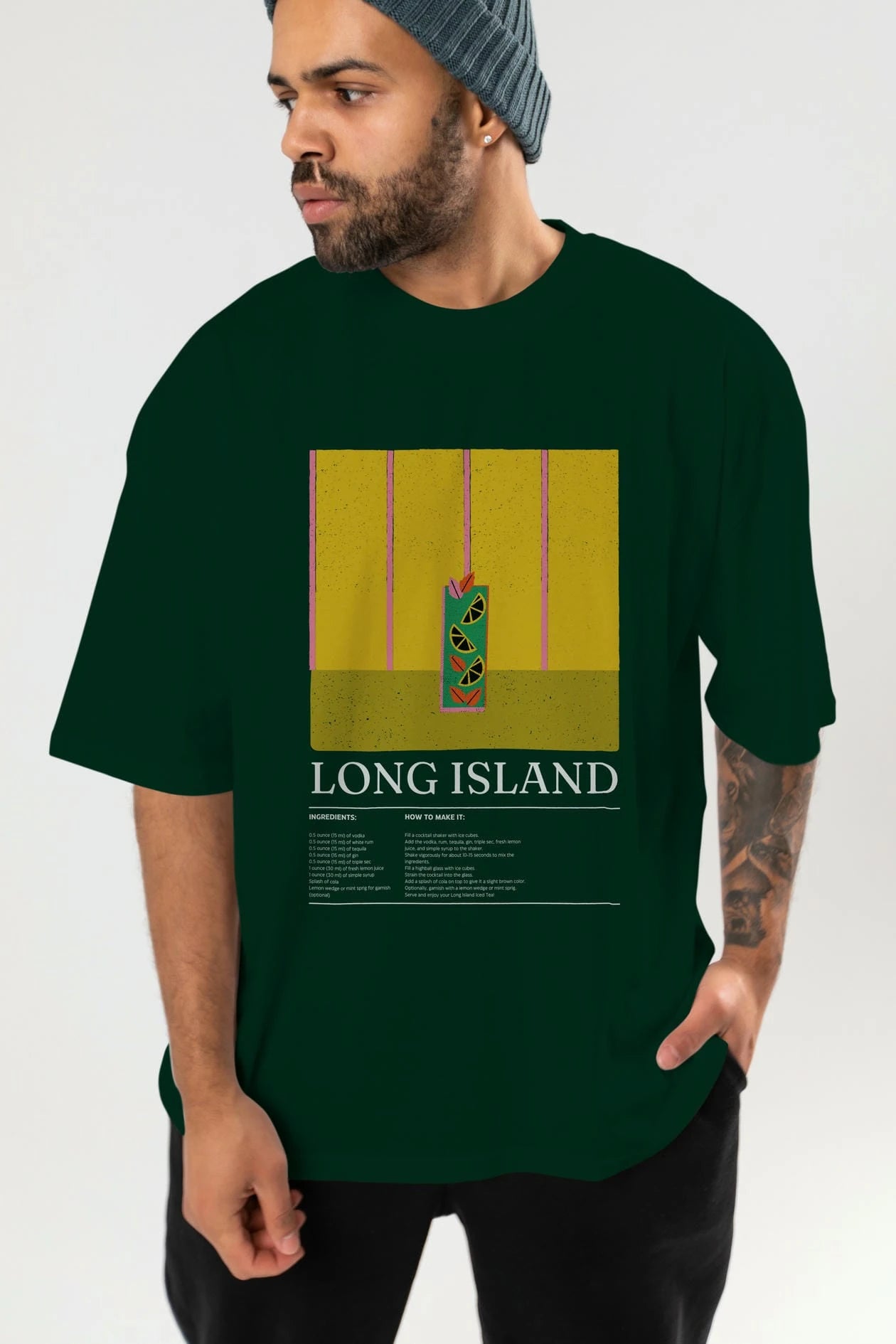 Long Island Kokteyl Ön Baskılı Oversize t-shirt Erkek Kadın %100 Pamuk Bisiklet Yaka tişort