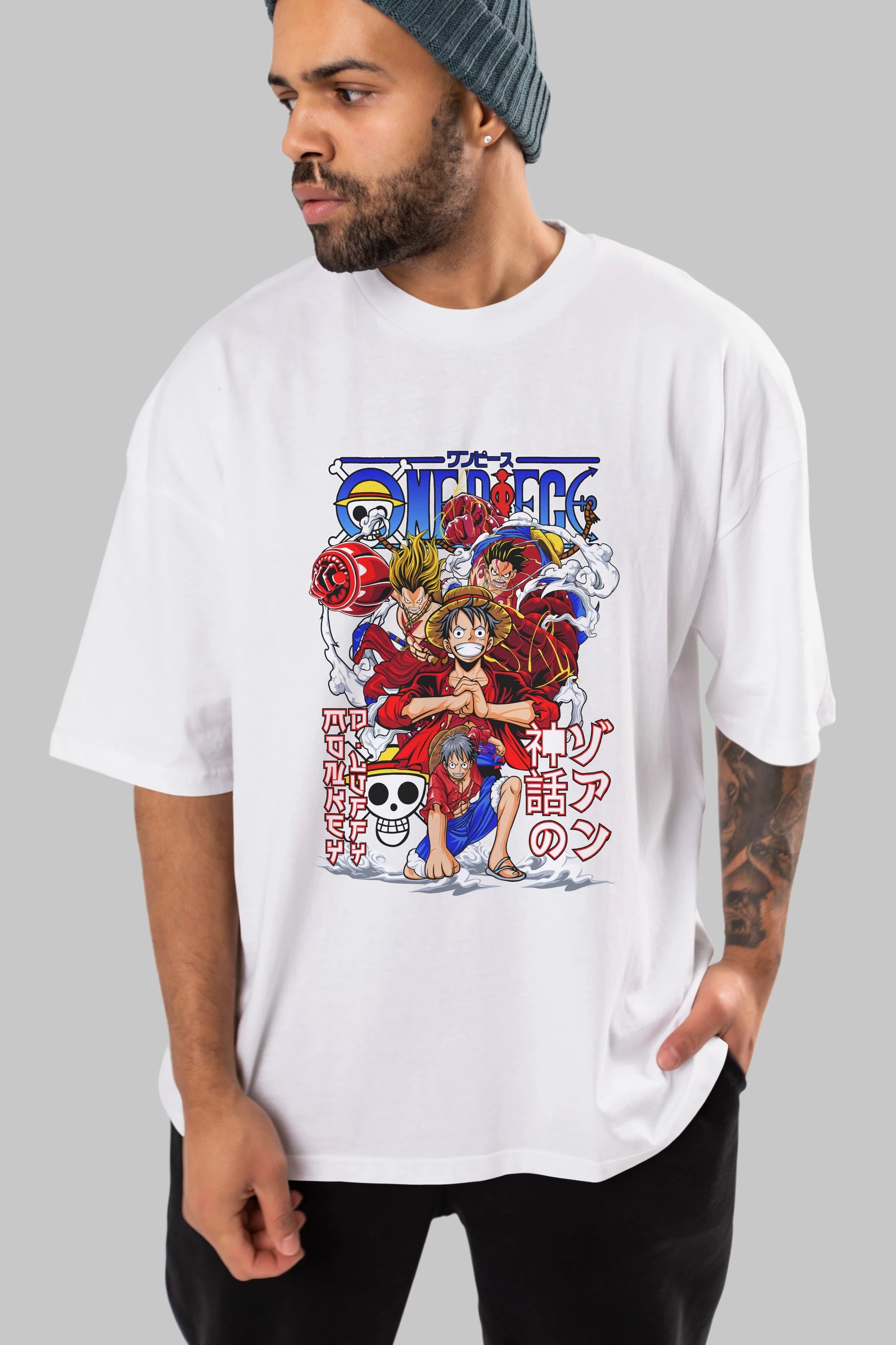 MONKEY D. LUFF-ONE PIECE 2 Anime Ön Baskılı Oversize t-shirt %100 pamuk Erkek Kadın Unisex